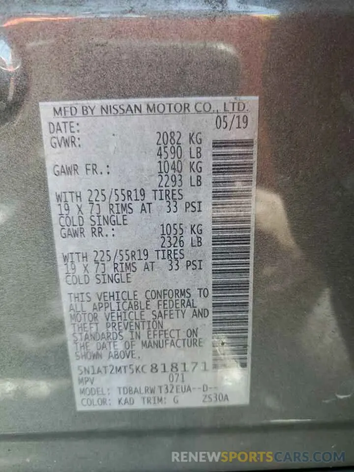 13 fotografías del automóvil dañado 5N1AT2MT5KC818171 NISSAN ROGUE 2019