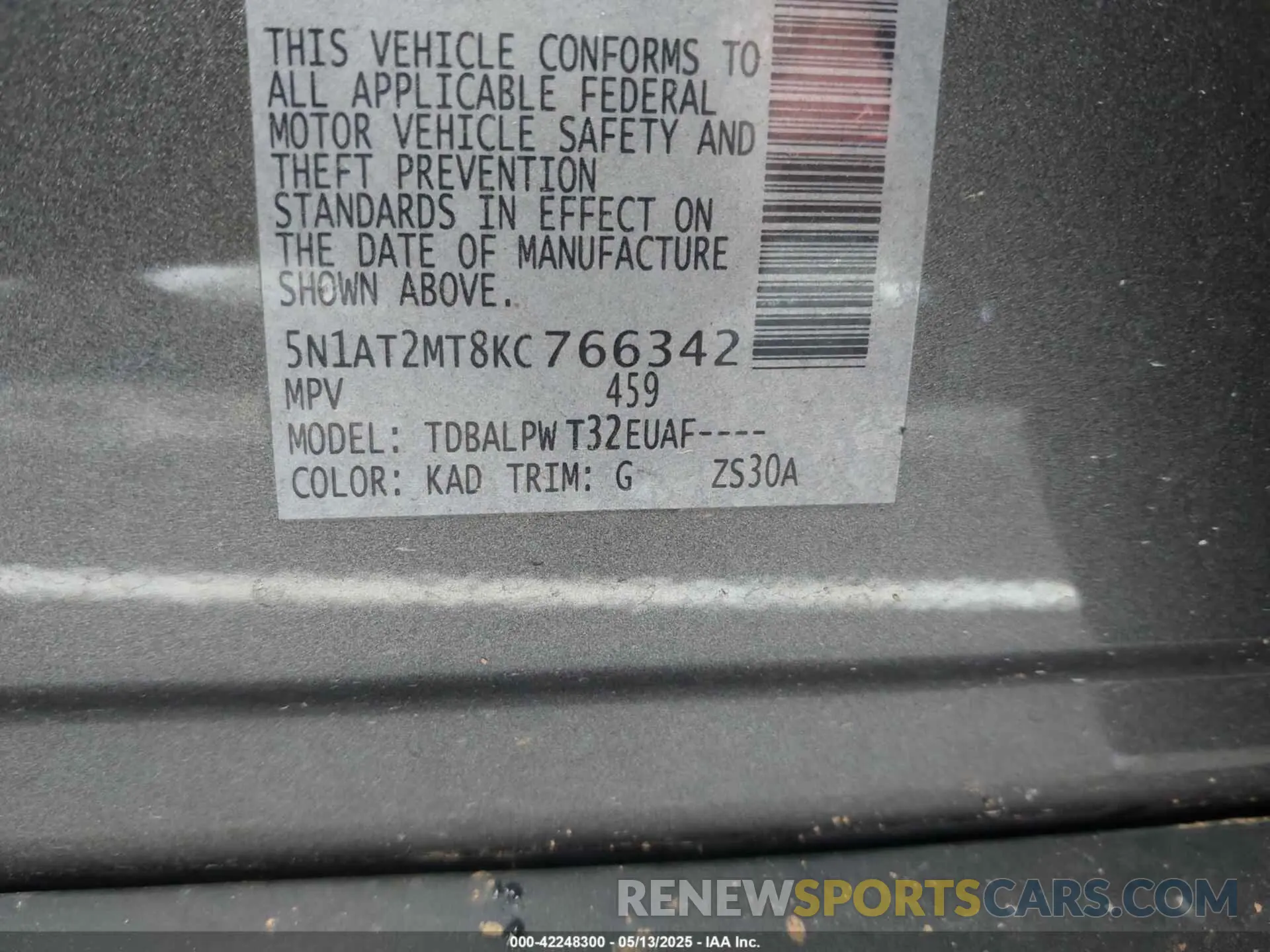 9 fotografías del automóvil dañado 5N1AT2MT8KC766342 NISSAN ROGUE 2019