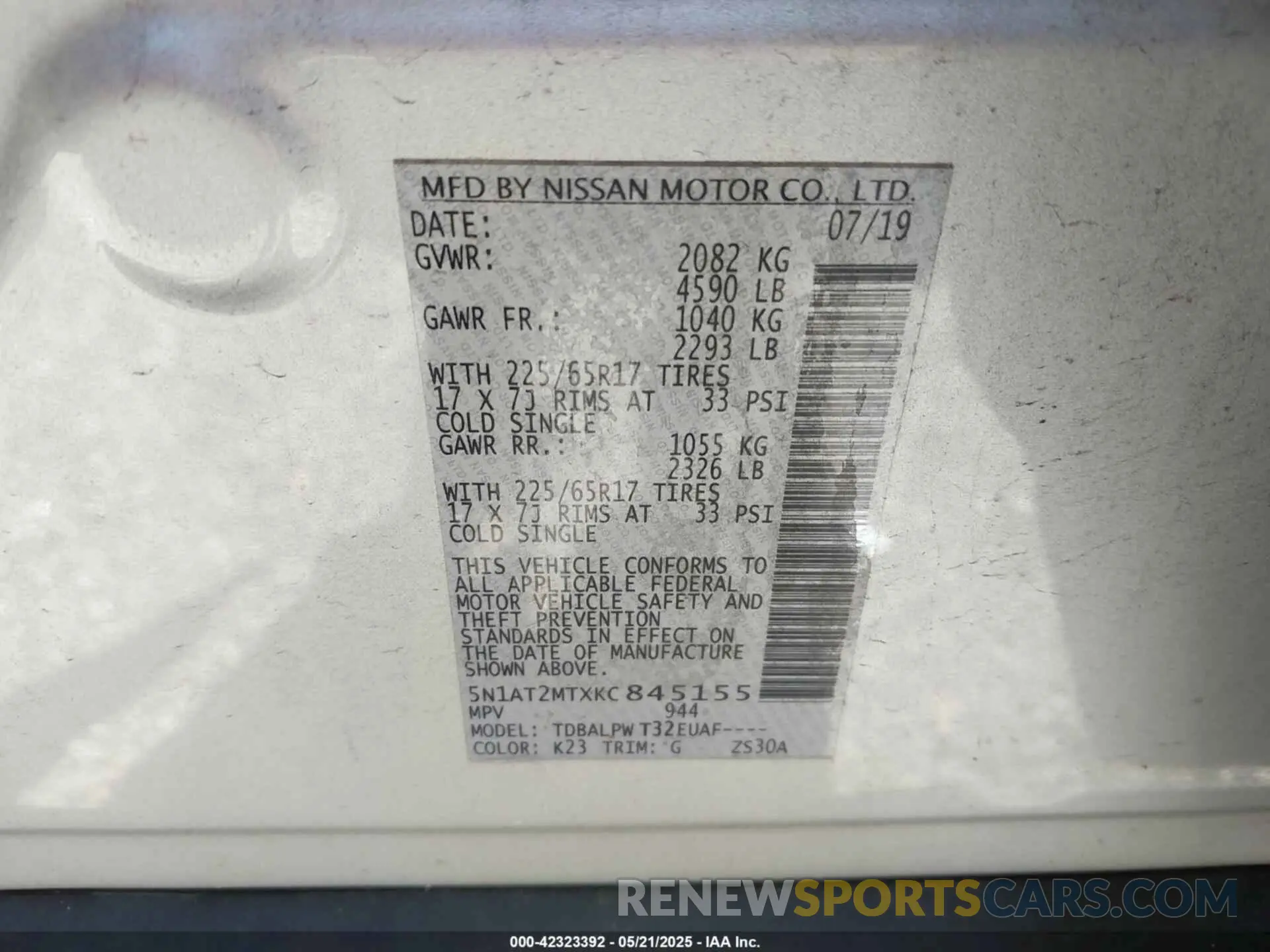 9 fotografías del automóvil dañado 5N1AT2MTXKC845155 NISSAN ROGUE 2019