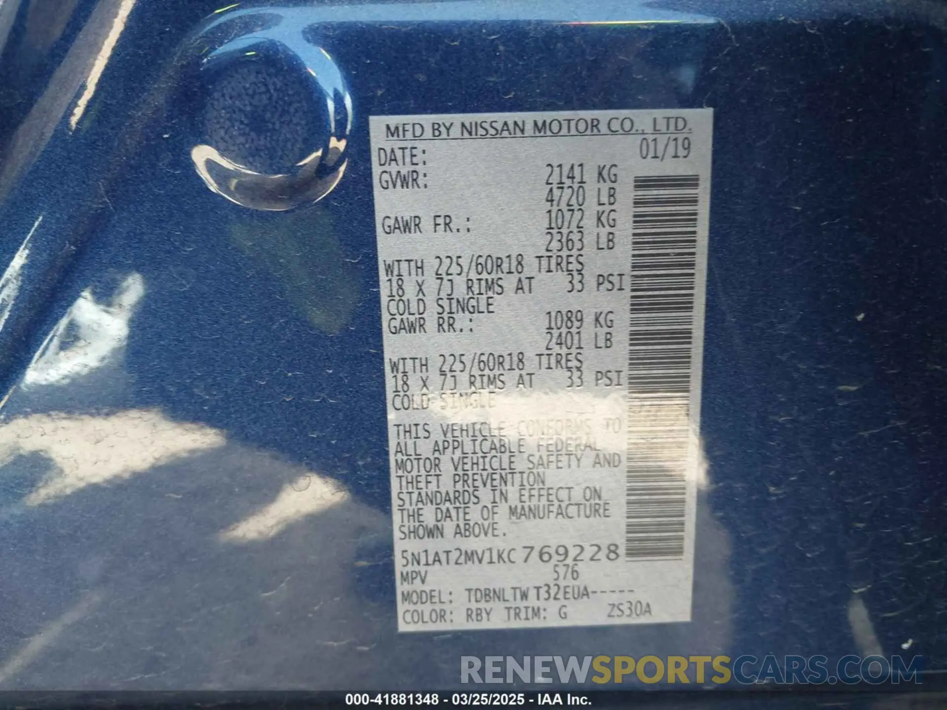 9 fotografías del automóvil dañado 5N1AT2MV1KC769228 NISSAN ROGUE 2019