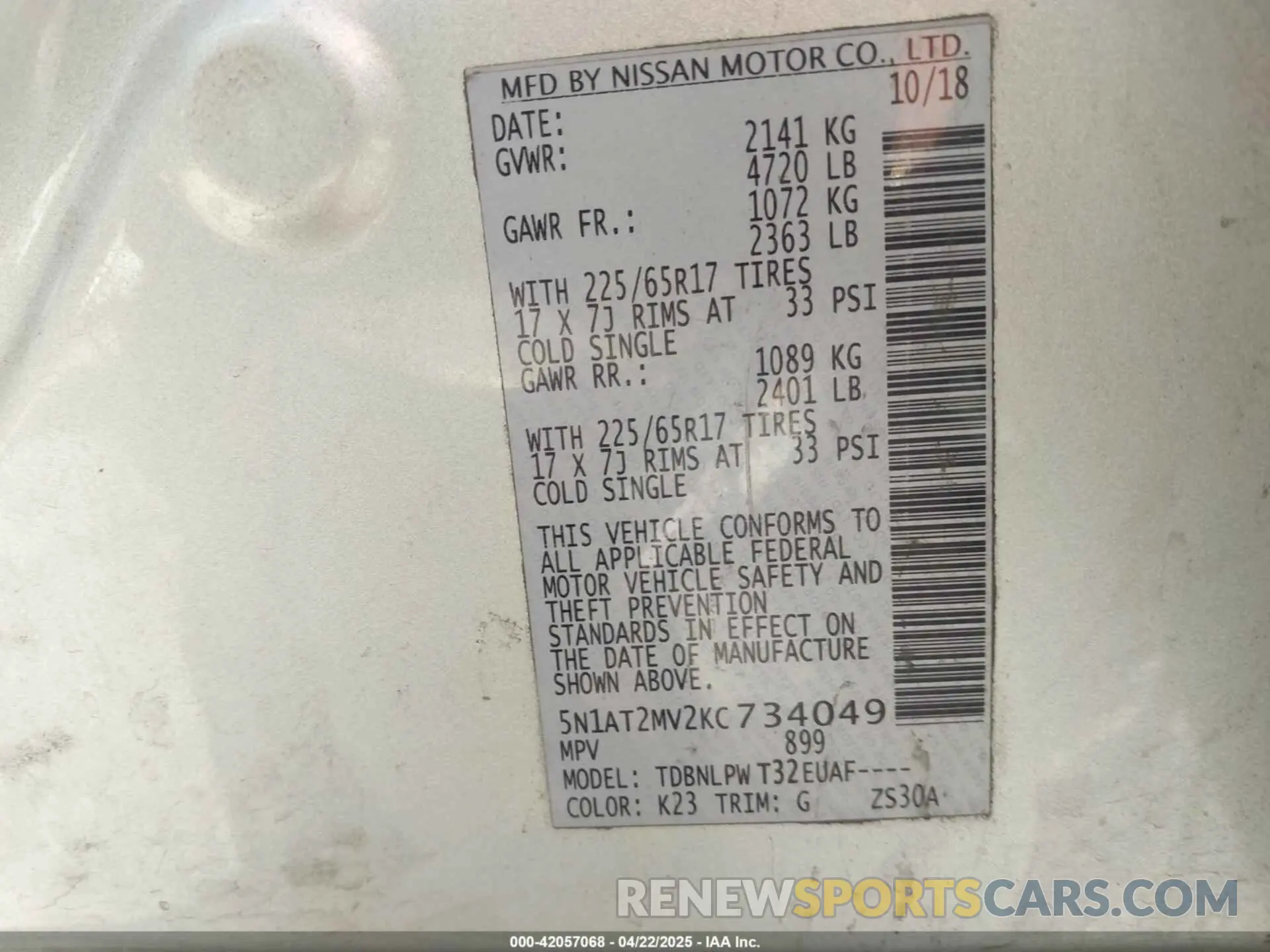 9 fotografías del automóvil dañado 5N1AT2MV2KC734049 NISSAN ROGUE 2019