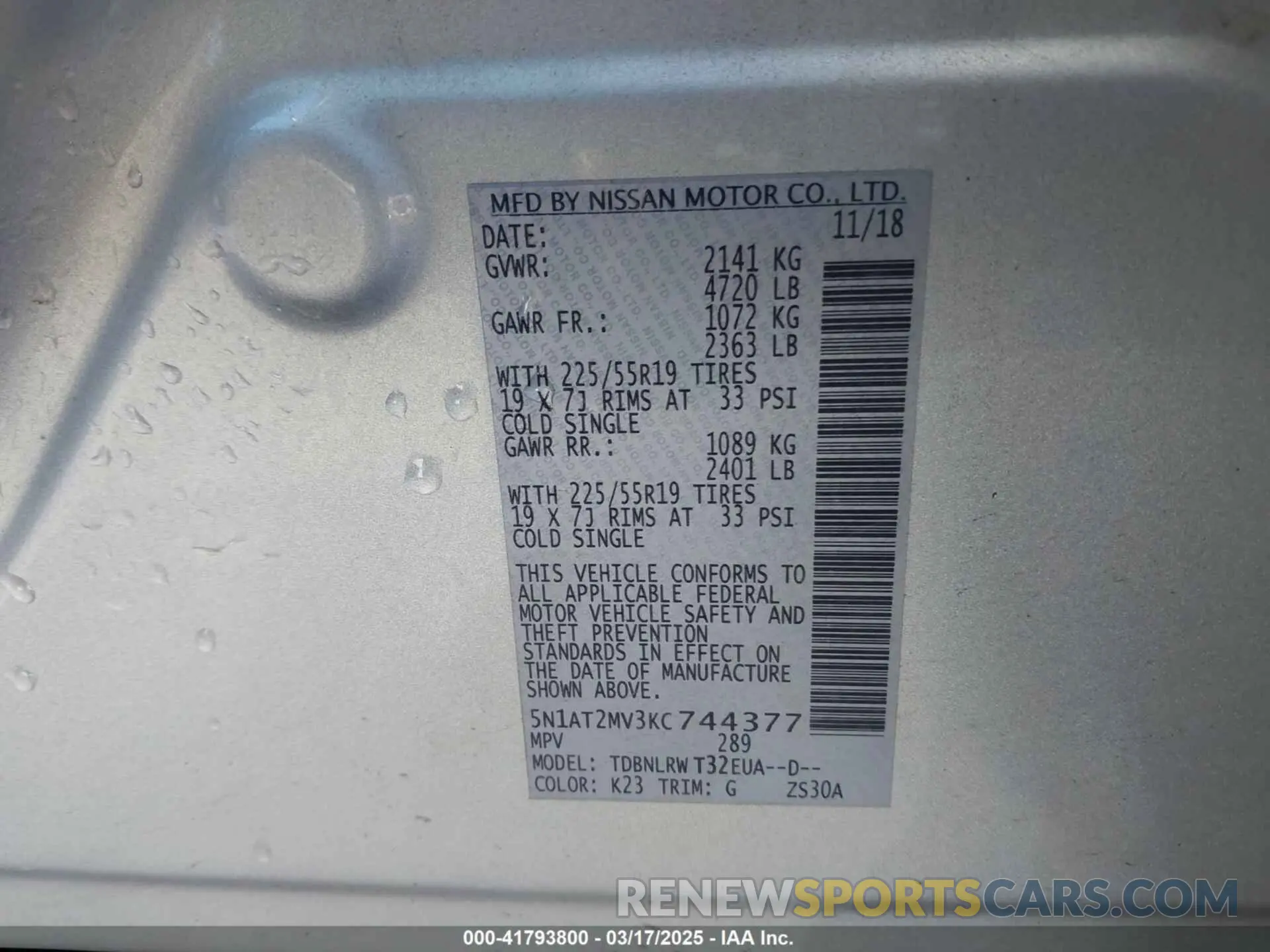 9 fotografías del automóvil dañado 5N1AT2MV3KC744377 NISSAN ROGUE 2019