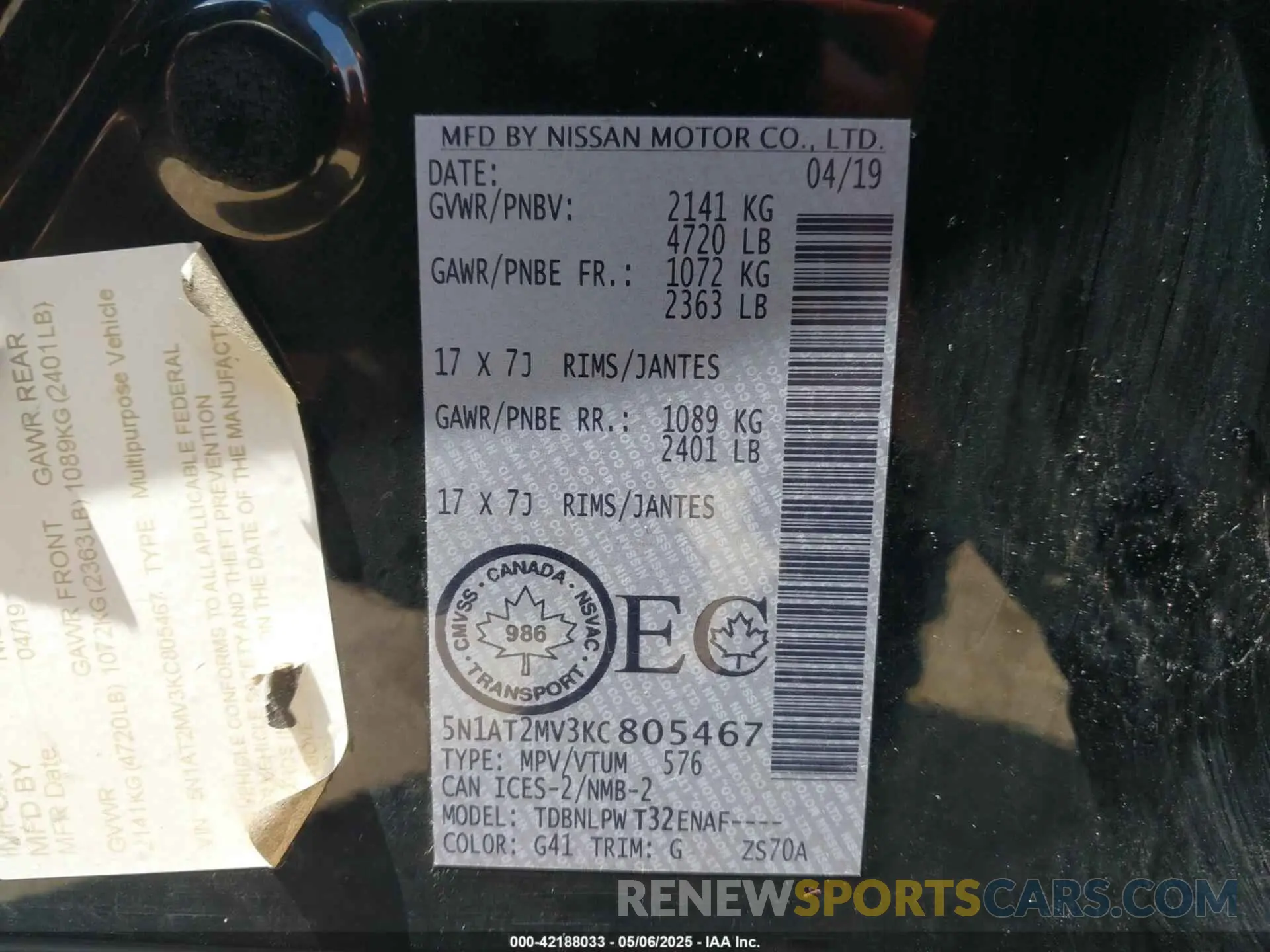 9 fotografías del automóvil dañado 5N1AT2MV3KC805467 NISSAN ROGUE 2019