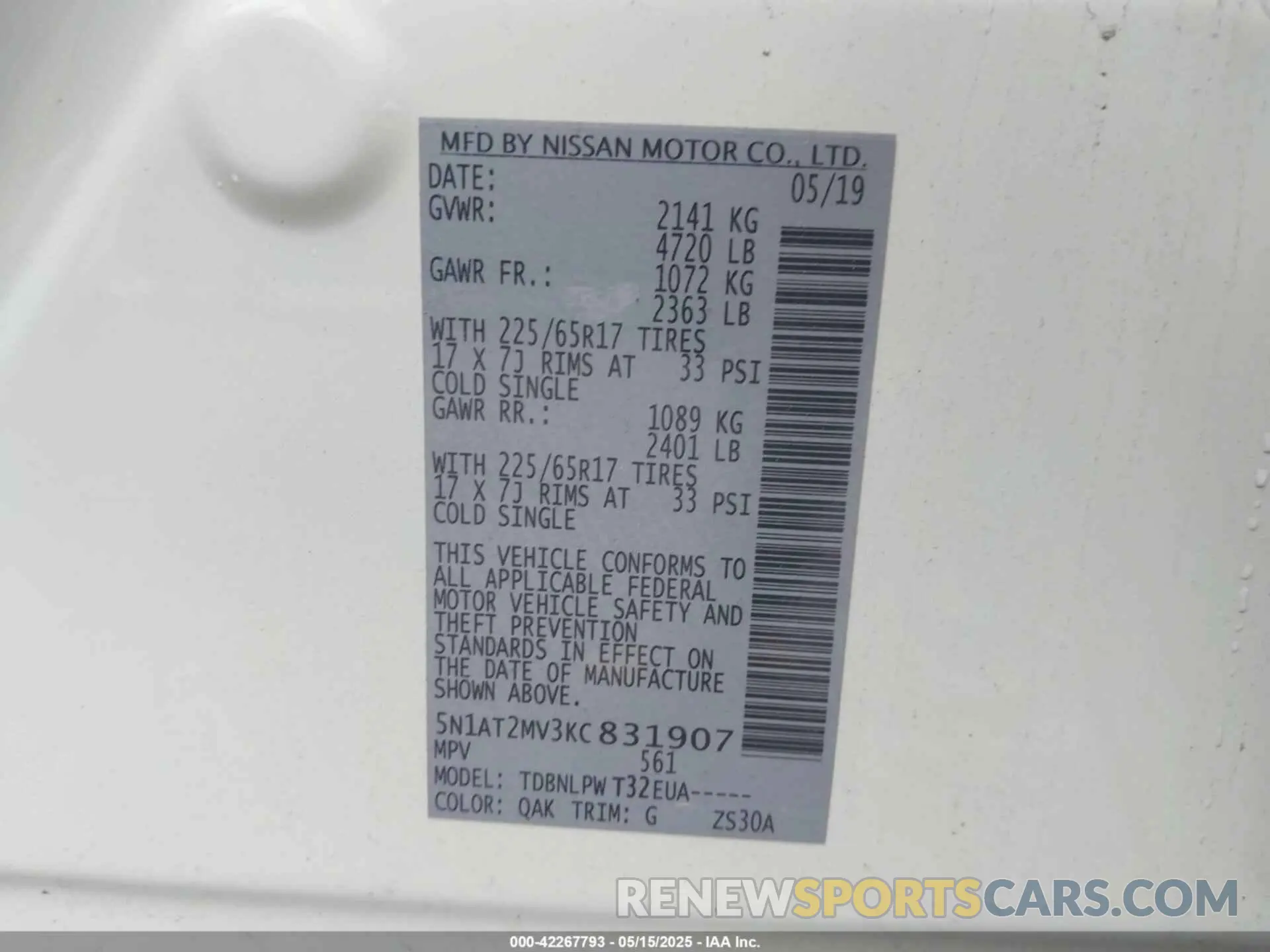9 fotografías del automóvil dañado 5N1AT2MV3KC831907 NISSAN ROGUE 2019