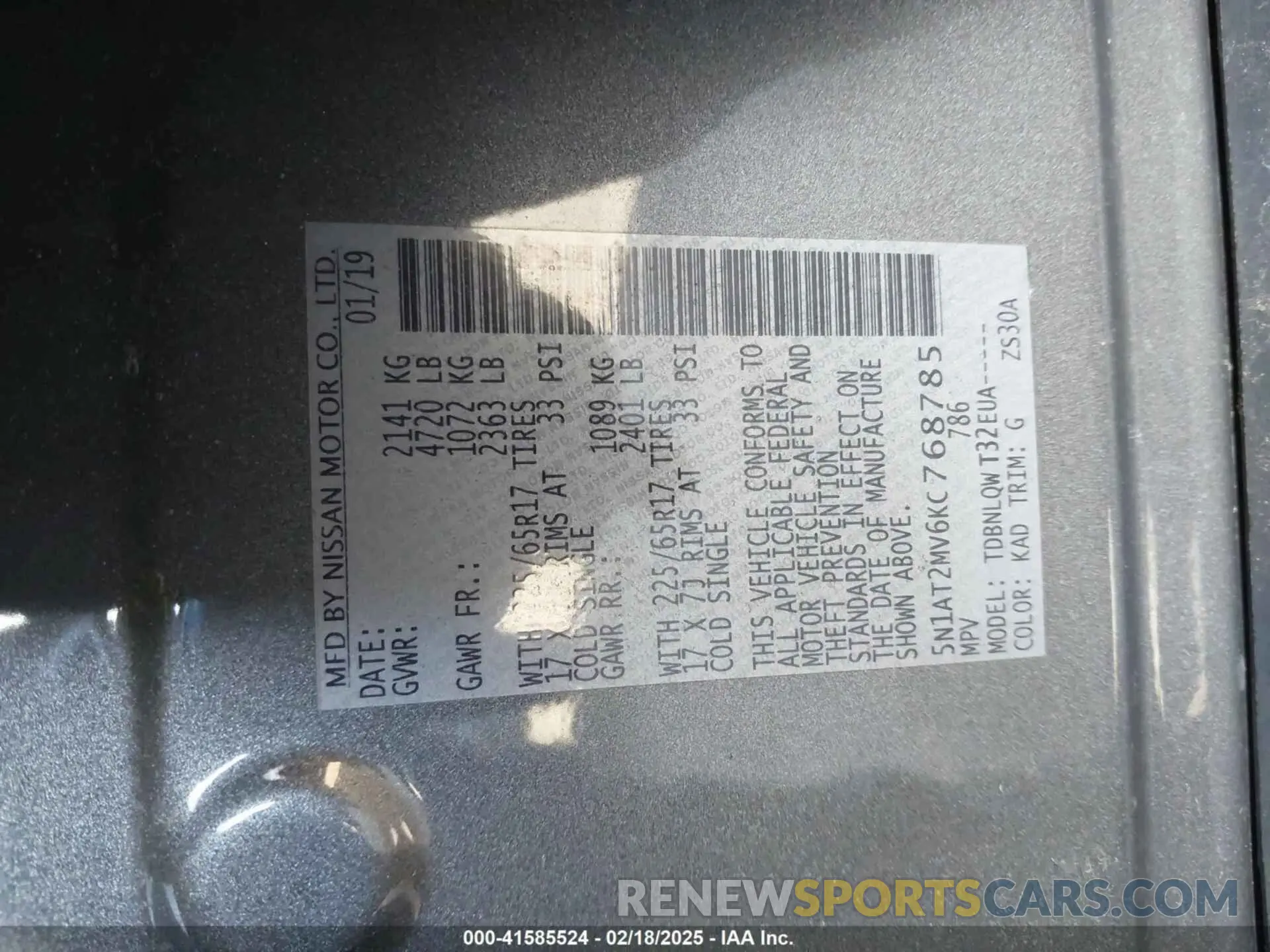 9 fotografías del automóvil dañado 5N1AT2MV6KC768785 NISSAN ROGUE 2019