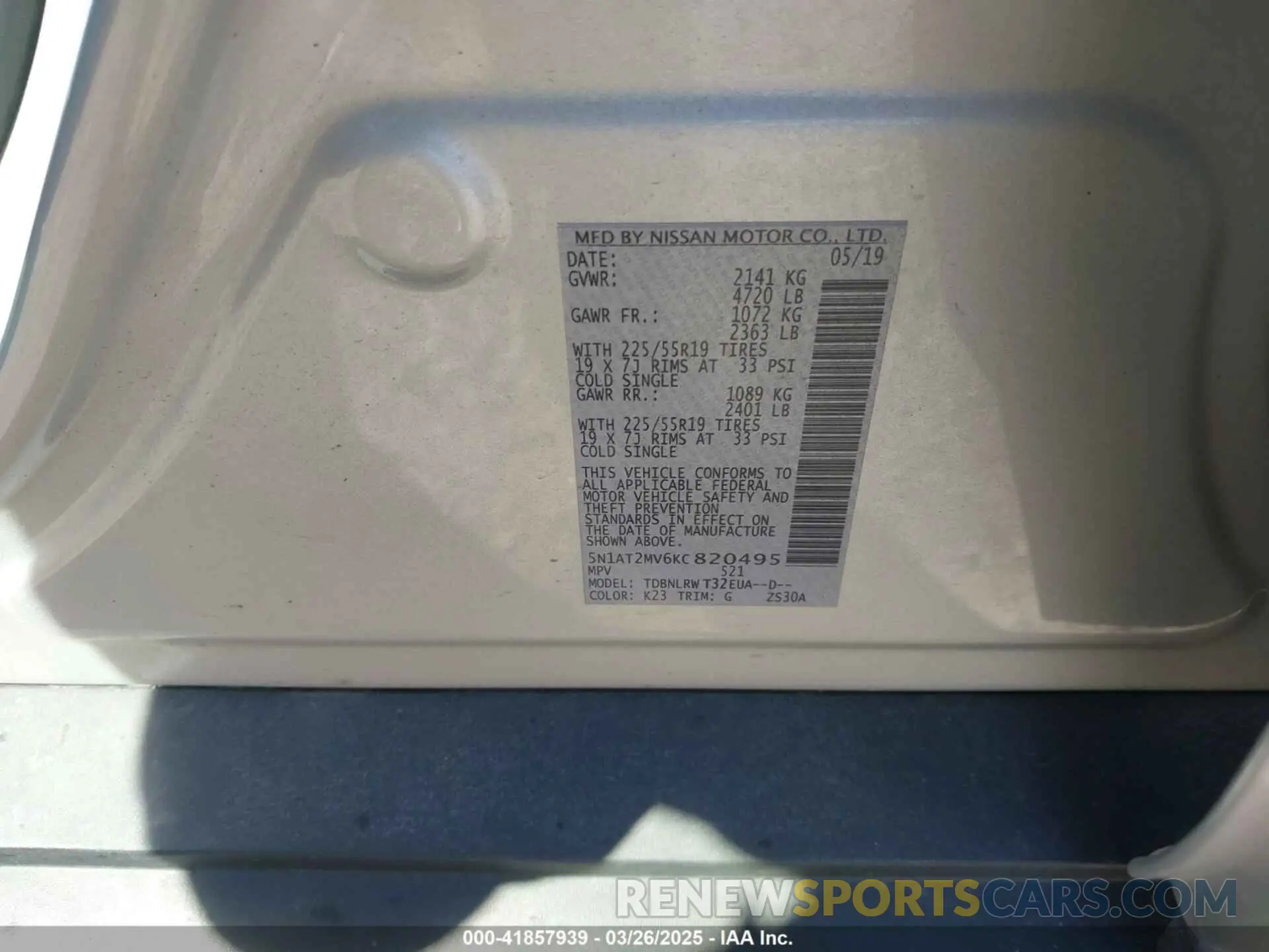 9 fotografías del automóvil dañado 5N1AT2MV6KC820495 NISSAN ROGUE 2019
