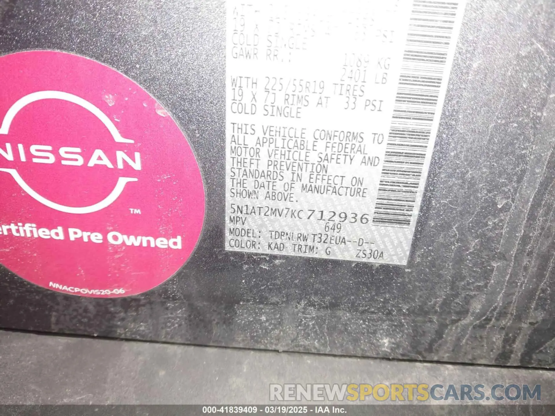9 fotografías del automóvil dañado 5N1AT2MV7KC712936 NISSAN ROGUE 2019
