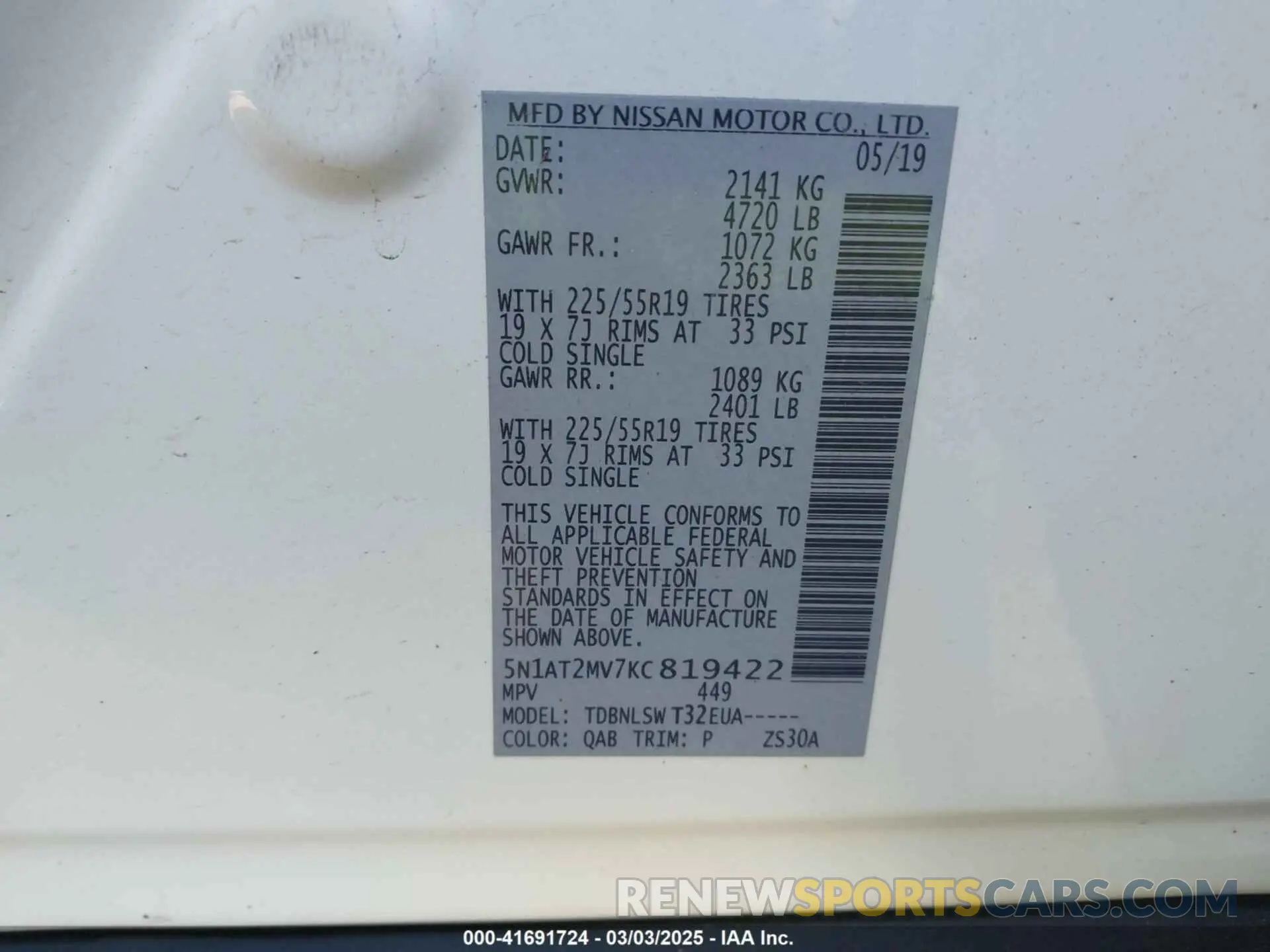 9 fotografías del automóvil dañado 5N1AT2MV7KC819422 NISSAN ROGUE 2019