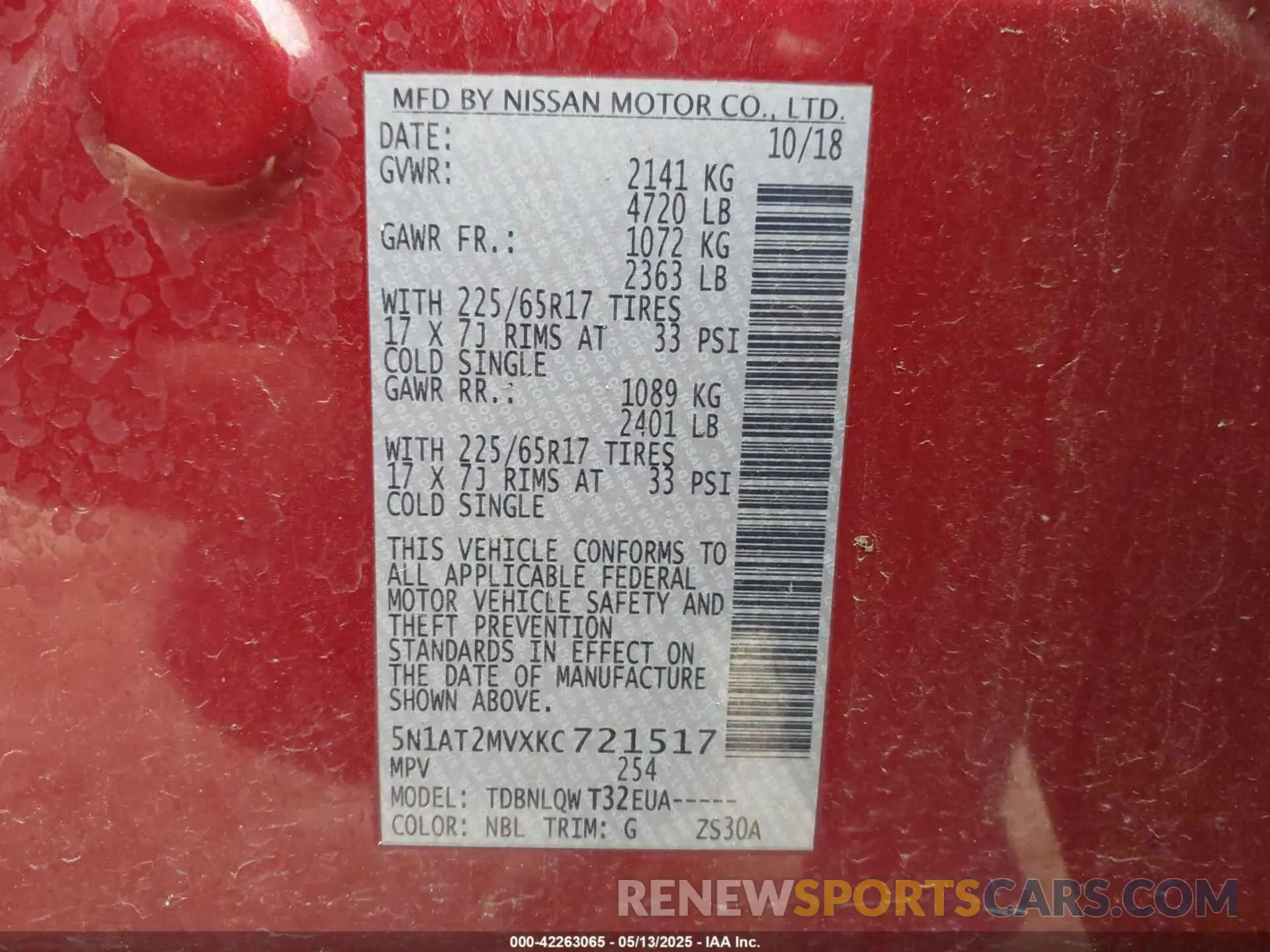 9 fotografías del automóvil dañado 5N1AT2MVXKC721517 NISSAN ROGUE 2019