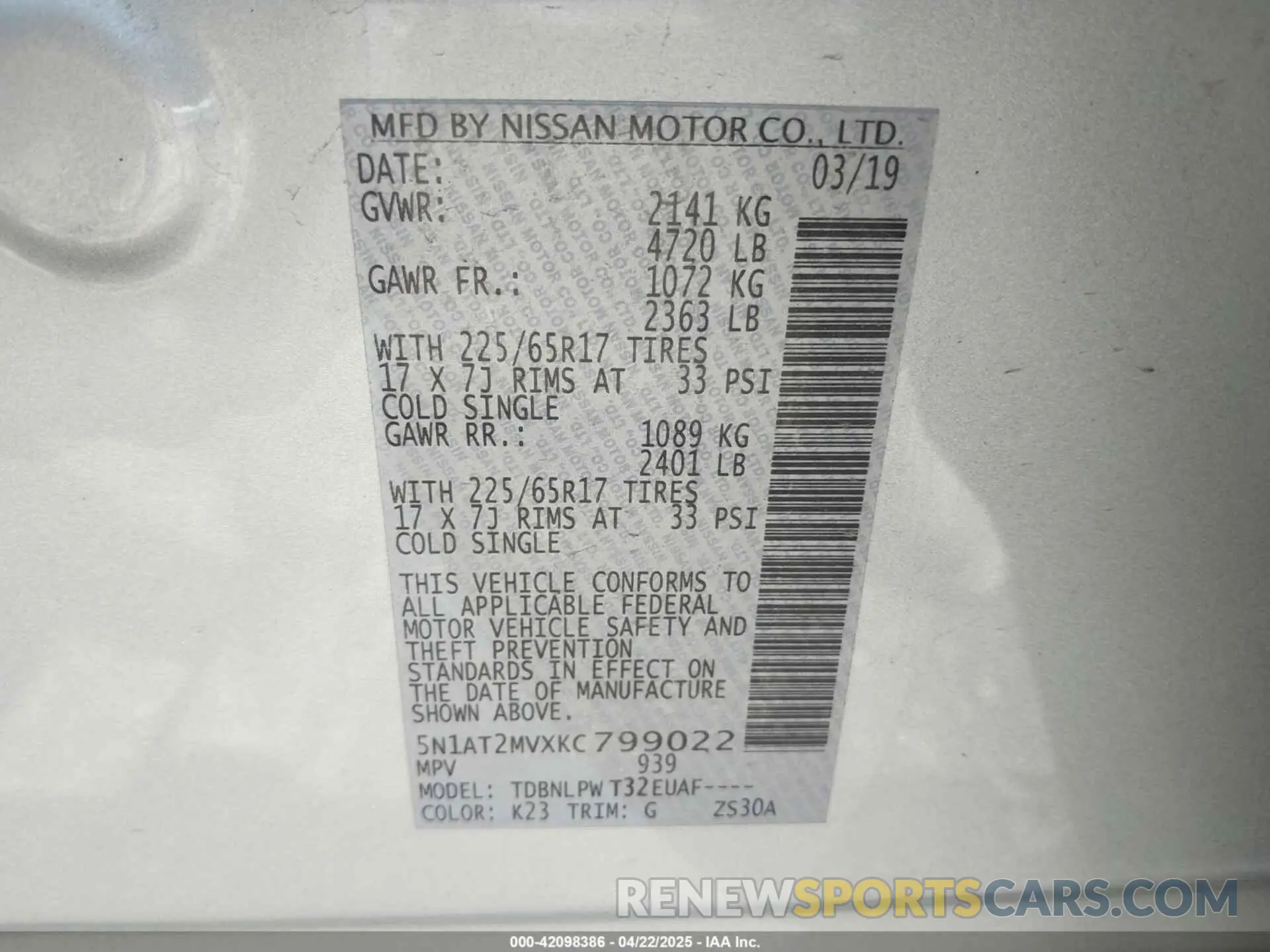 9 fotografías del automóvil dañado 5N1AT2MVXKC799022 NISSAN ROGUE 2019