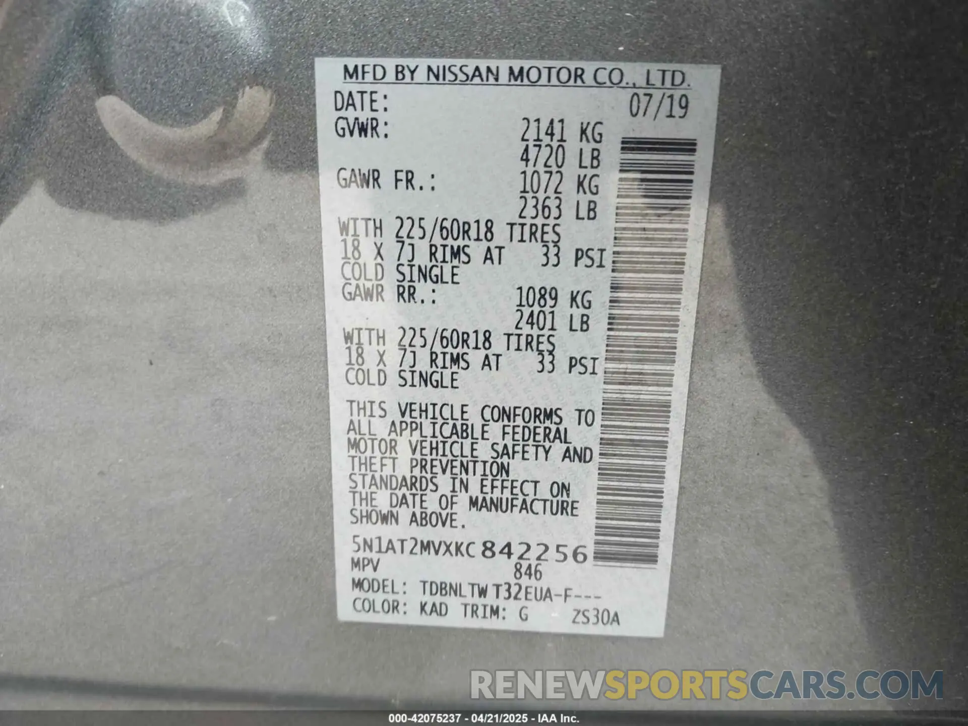 9 fotografías del automóvil dañado 5N1AT2MVXKC842256 NISSAN ROGUE 2019
