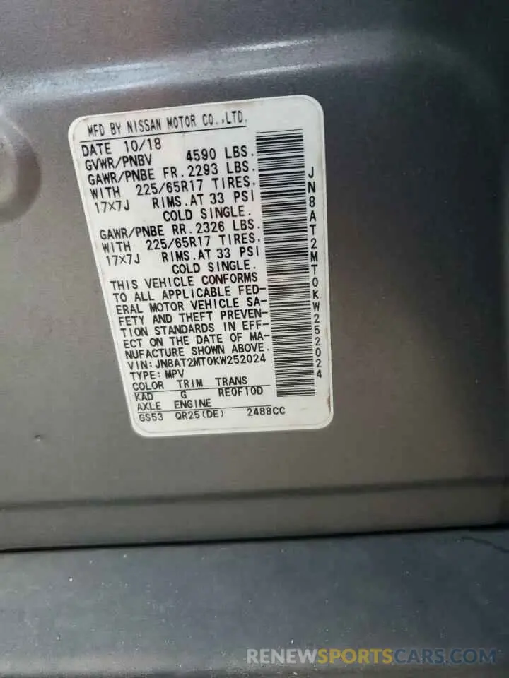 12 fotografías del automóvil dañado JN8AT2MT0KW252024 NISSAN ROGUE 2019