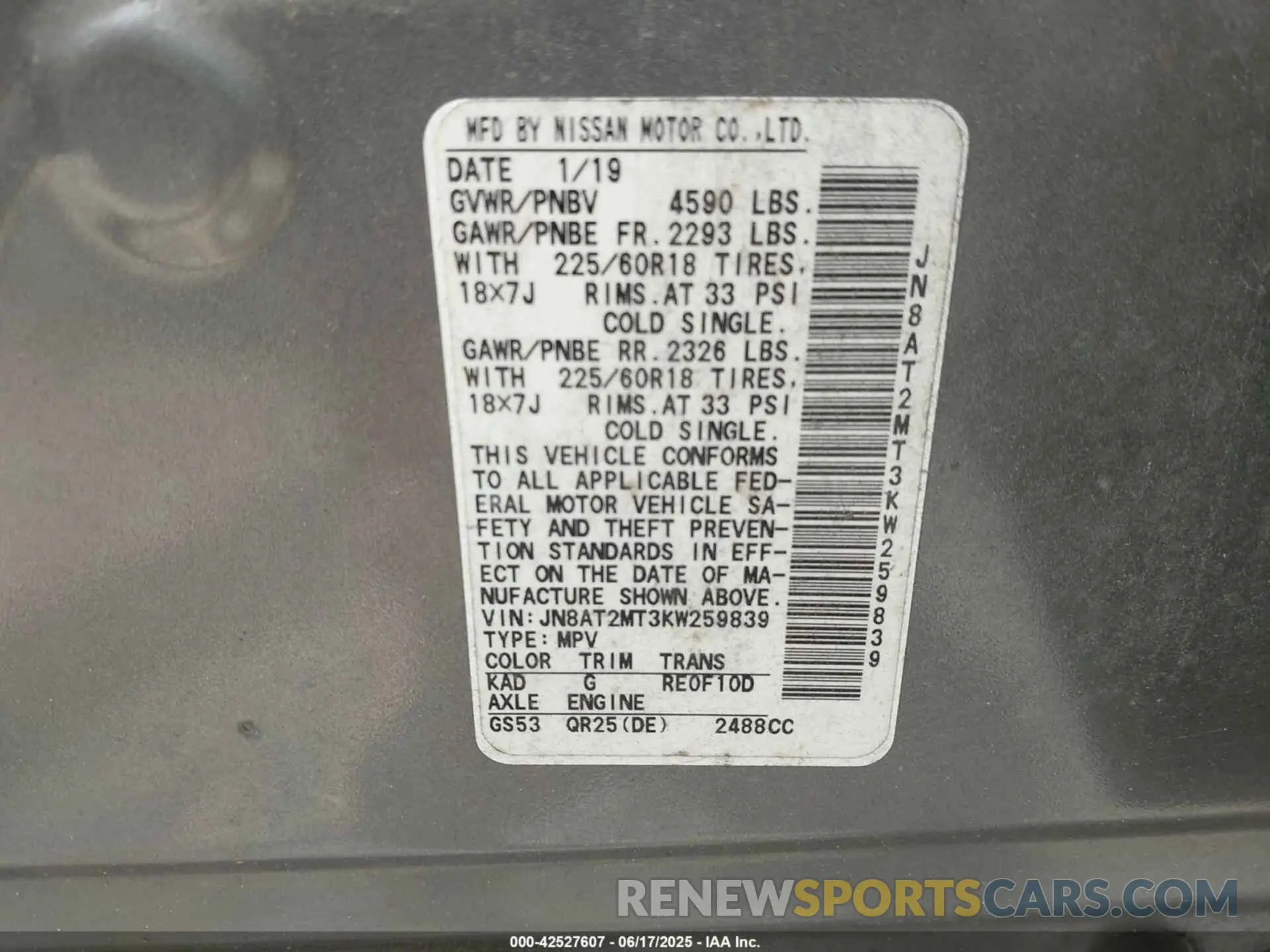 9 fotografías del automóvil dañado JN8AT2MT3KW259839 NISSAN ROGUE 2019