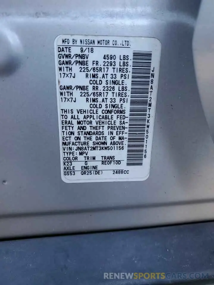 13 fotografías del automóvil dañado JN8AT2MT3KW501156 NISSAN ROGUE 2019