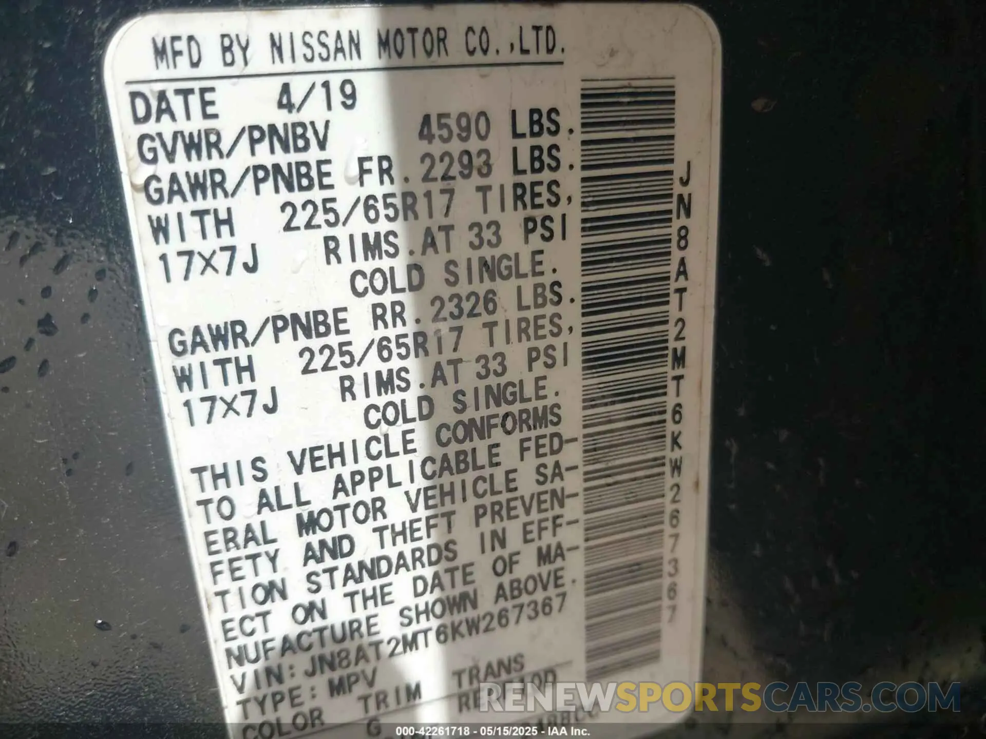 9 fotografías del automóvil dañado JN8AT2MT6KW267367 NISSAN ROGUE 2019