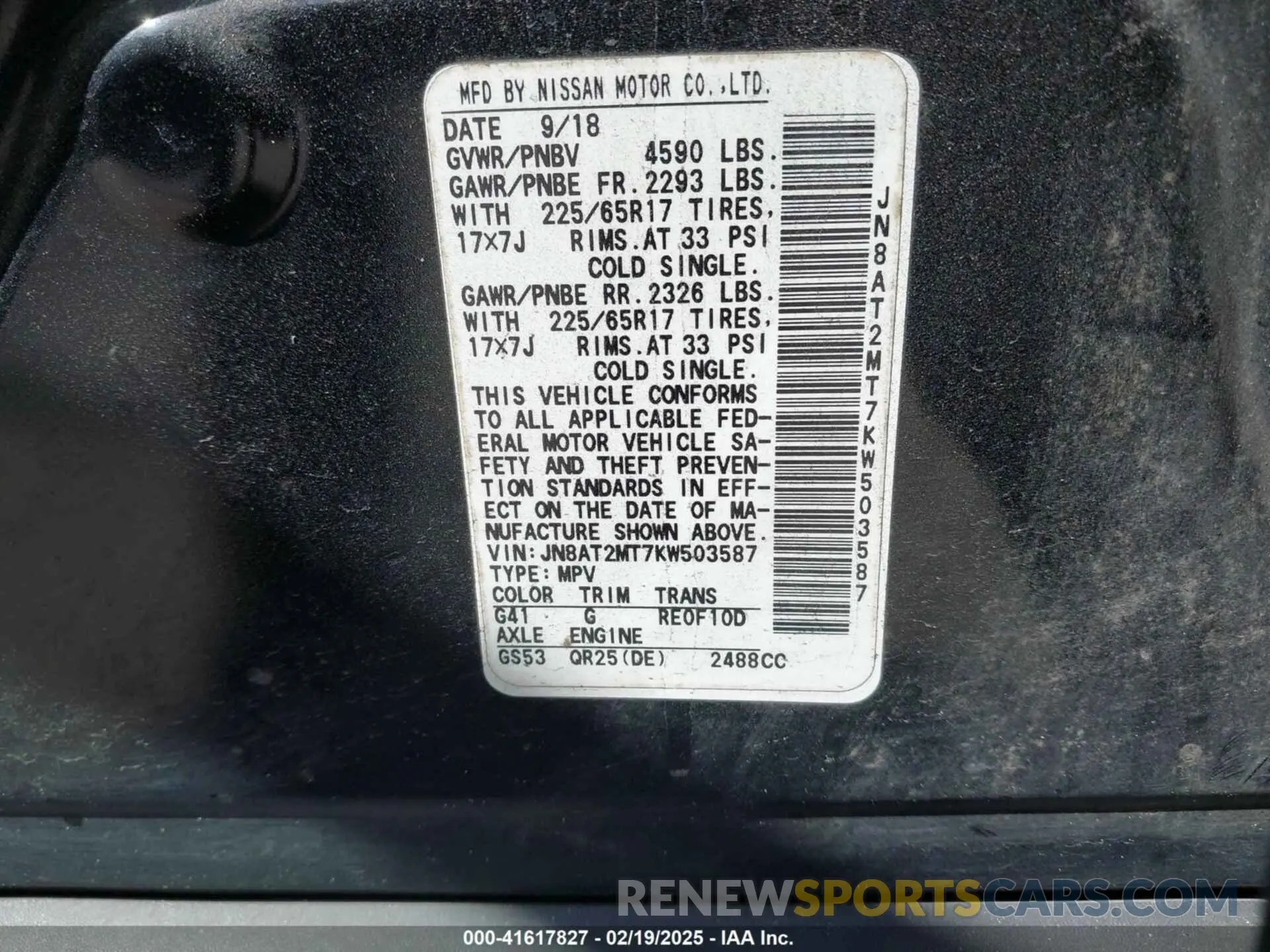 9 fotografías del automóvil dañado JN8AT2MT7KW503587 NISSAN ROGUE 2019