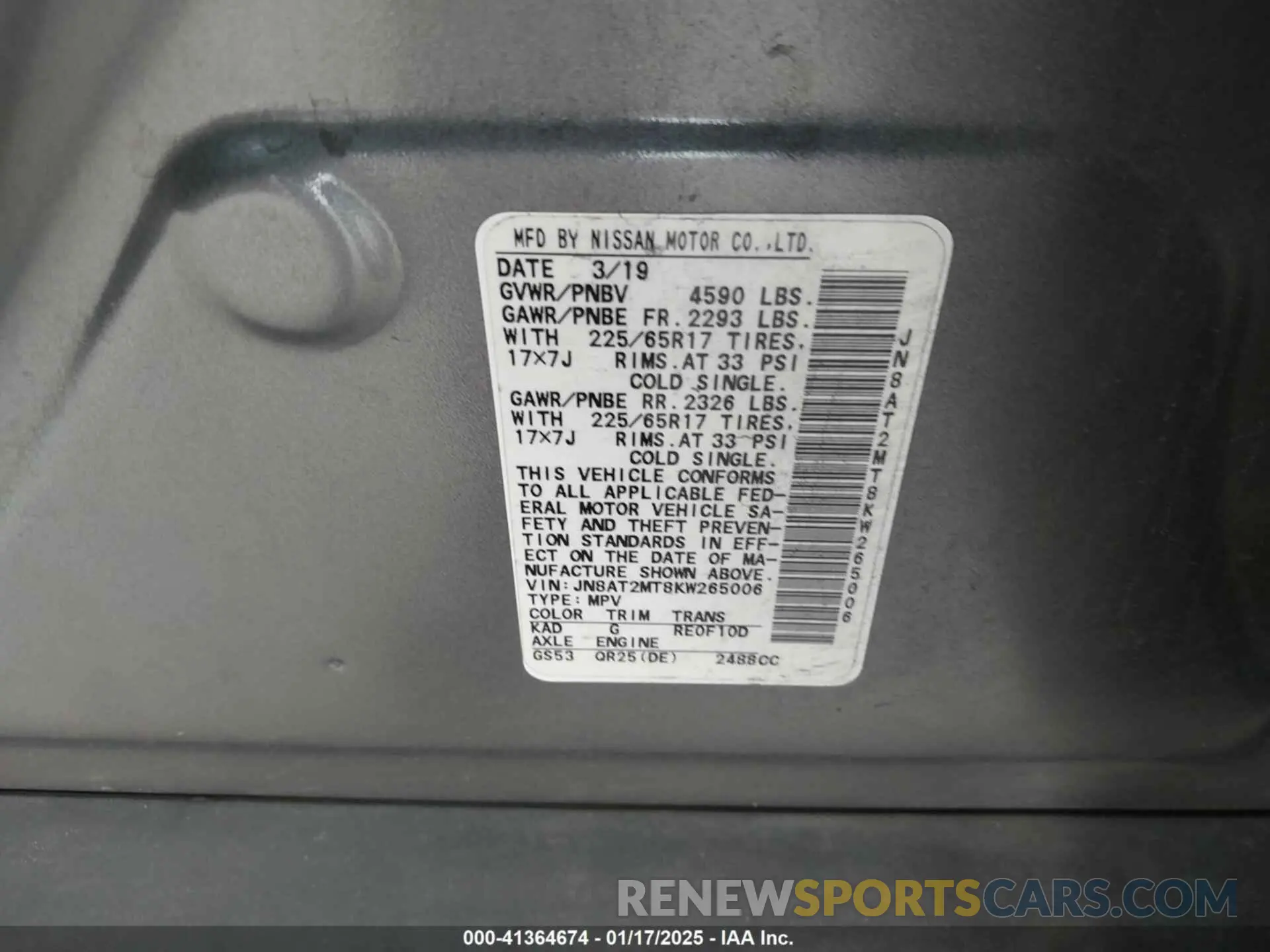 9 fotografías del automóvil dañado JN8AT2MT8KW265006 NISSAN ROGUE 2019
