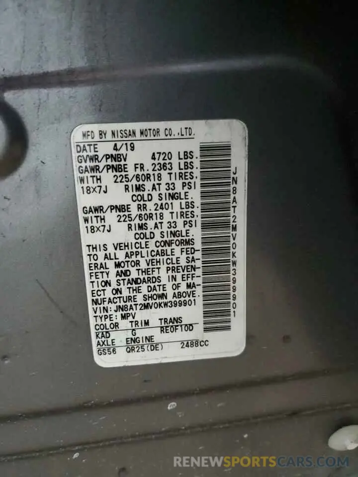 13 fotografías del automóvil dañado JN8AT2MV0KW399901 NISSAN ROGUE 2019