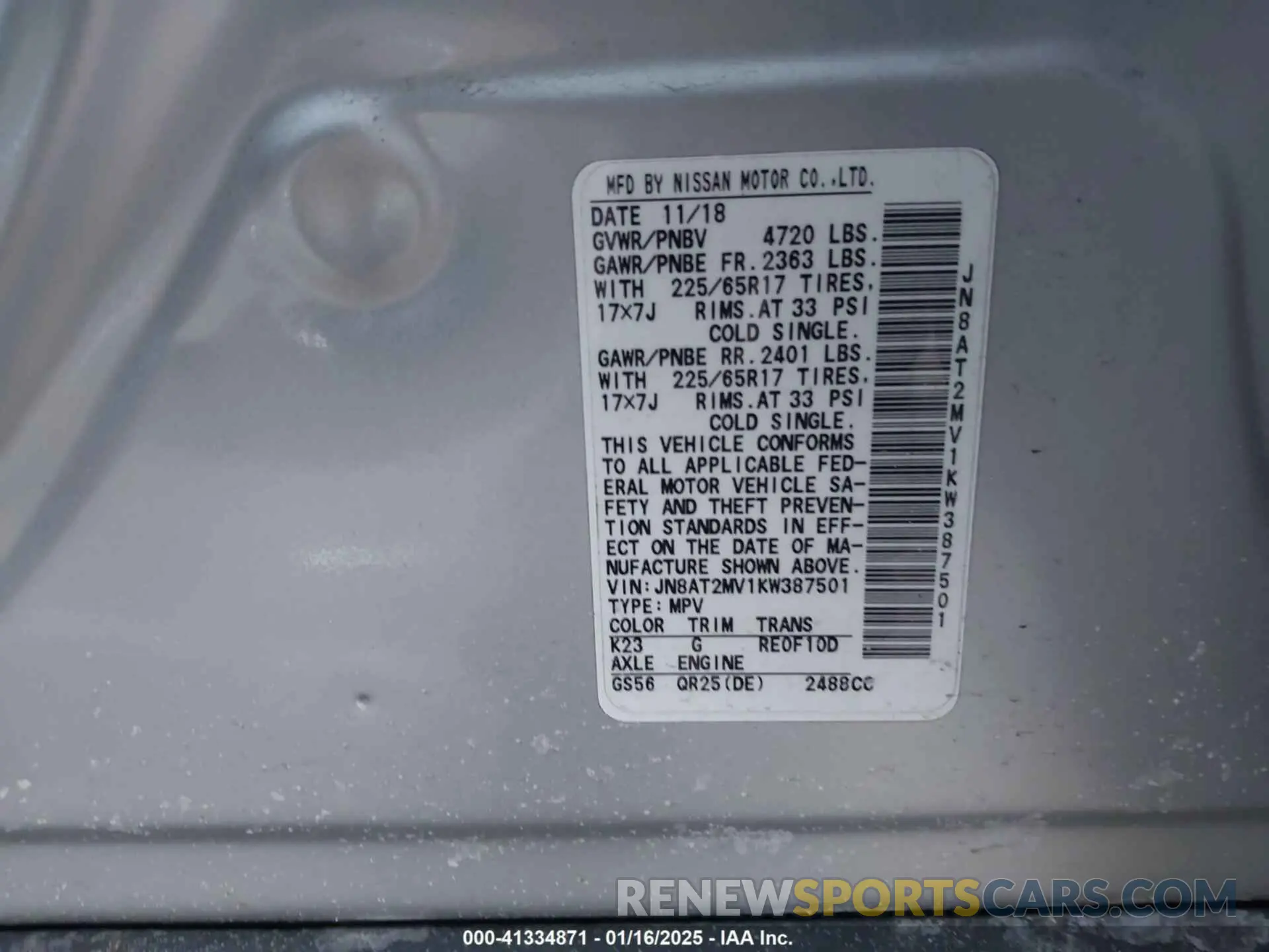9 fotografías del automóvil dañado JN8AT2MV1KW387501 NISSAN ROGUE 2019