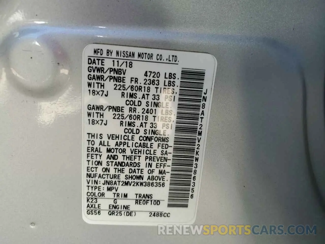 12 fotografías del automóvil dañado JN8AT2MV2KW386356 NISSAN ROGUE 2019