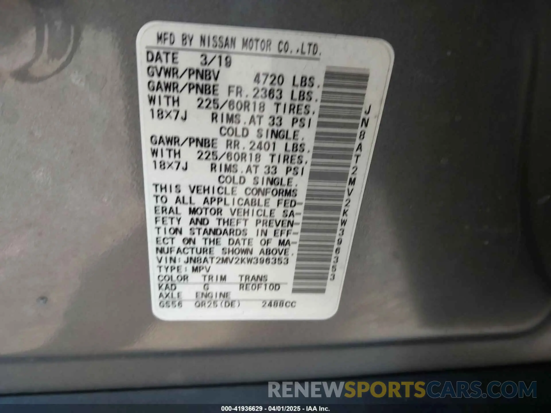 9 fotografías del automóvil dañado JN8AT2MV2KW396353 NISSAN ROGUE 2019