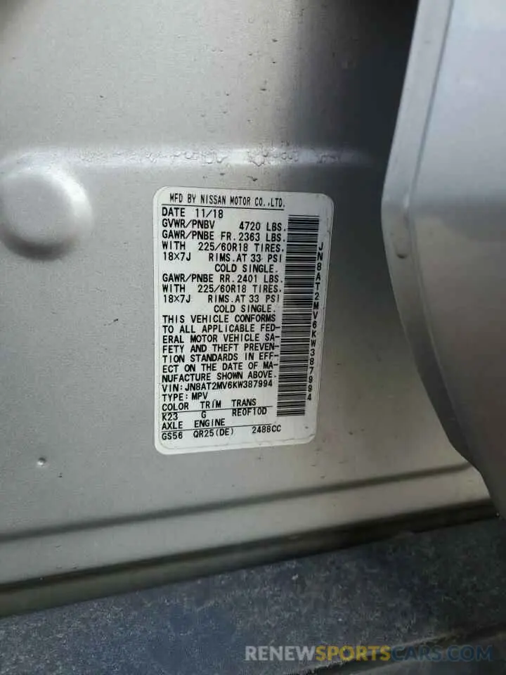 14 fotografías del automóvil dañado JN8AT2MV6KW387994 NISSAN ROGUE 2019