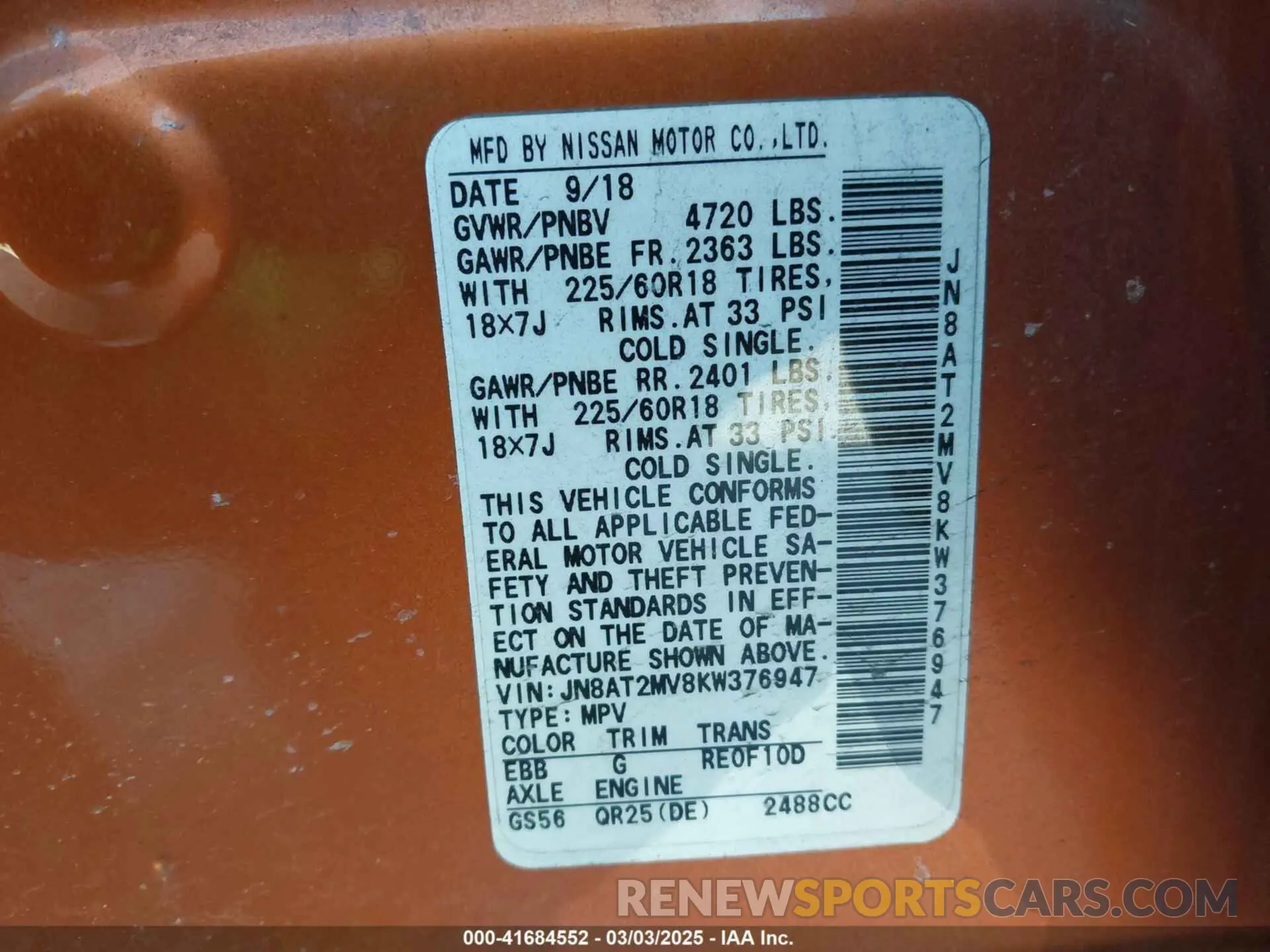 9 fotografías del automóvil dañado JN8AT2MV8KW376947 NISSAN ROGUE 2019