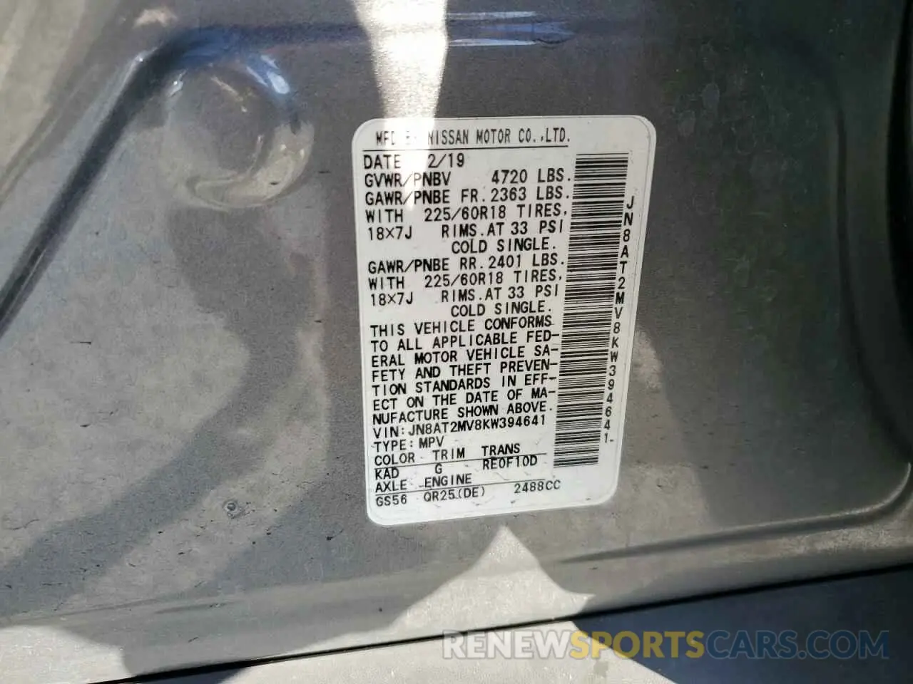 13 fotografías del automóvil dañado JN8AT2MV8KW394641 NISSAN ROGUE 2019