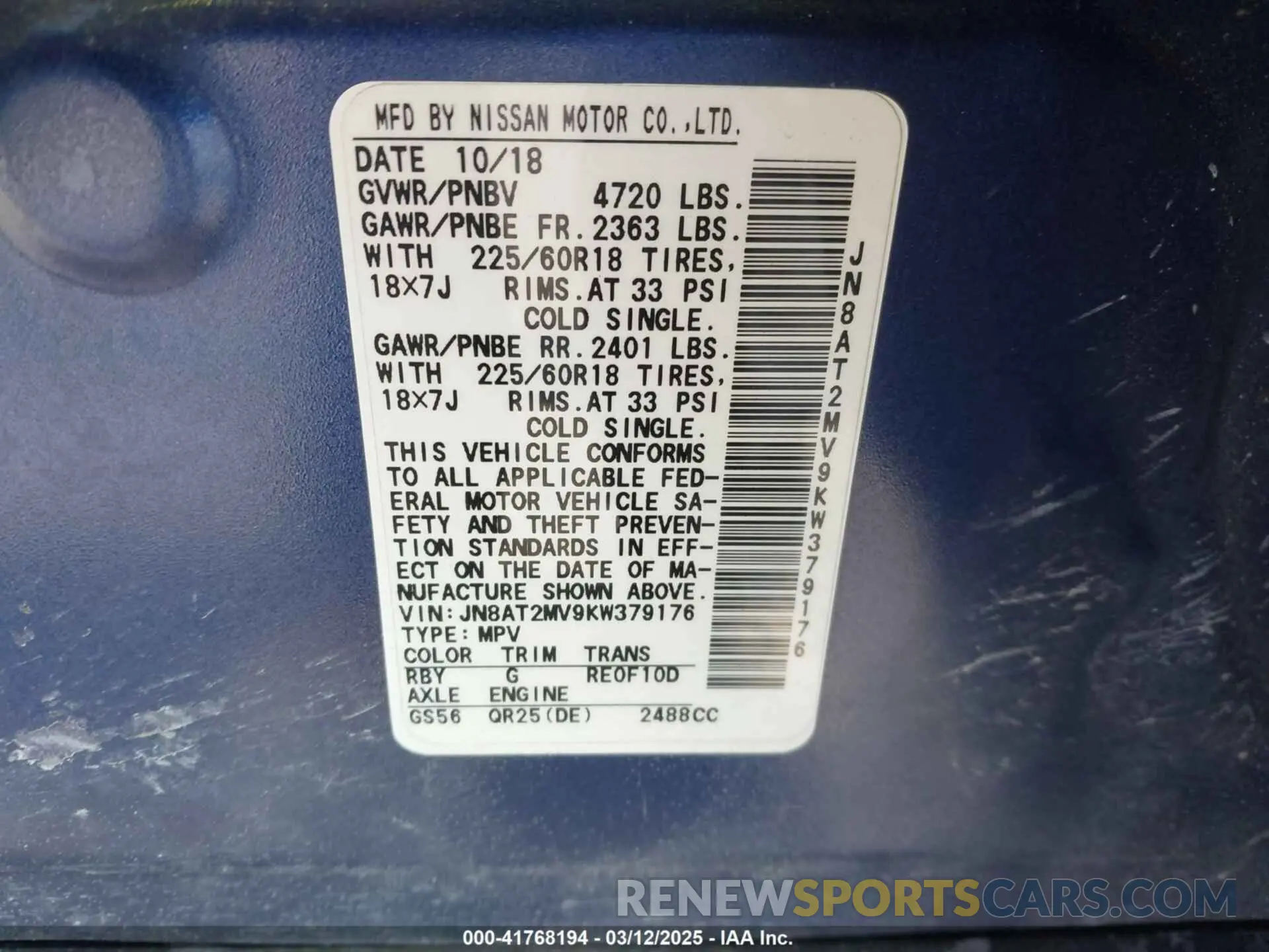 9 fotografías del automóvil dañado JN8AT2MV9KW379176 NISSAN ROGUE 2019