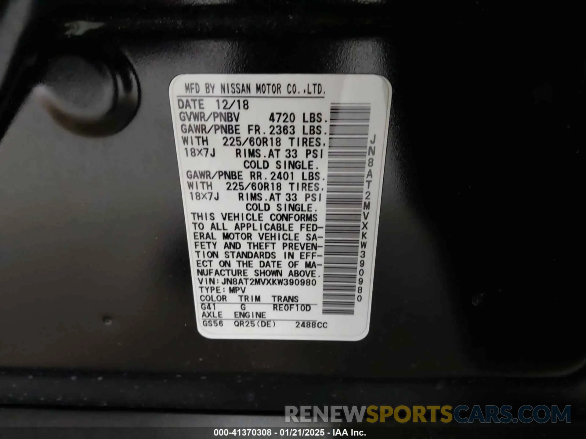 9 fotografías del automóvil dañado JN8AT2MVXKW390980 NISSAN ROGUE 2019