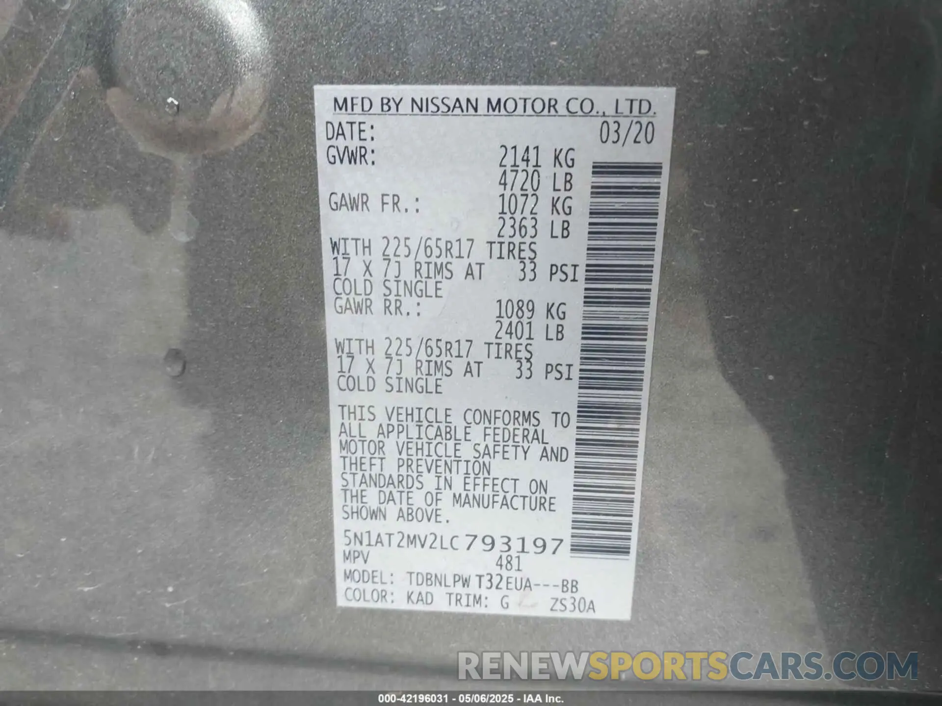 9 fotografías del automóvil dañado 5N1AT2MV2LC793197 NISSAN ROGUE 2020