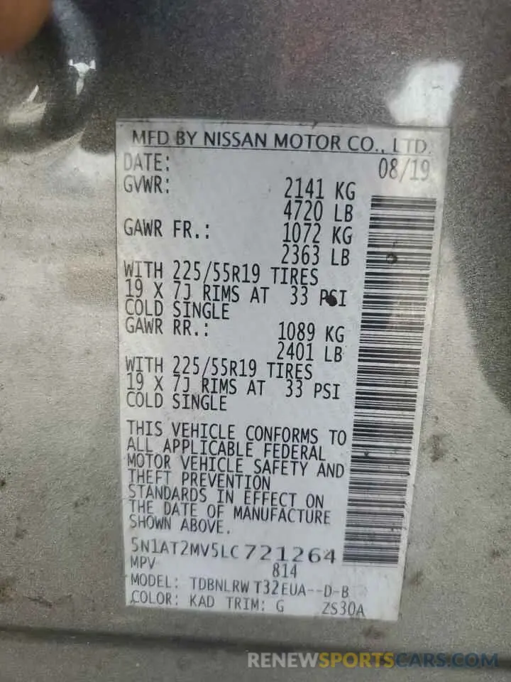 13 fotografías del automóvil dañado 5N1AT2MV5LC721264 NISSAN ROGUE 2020