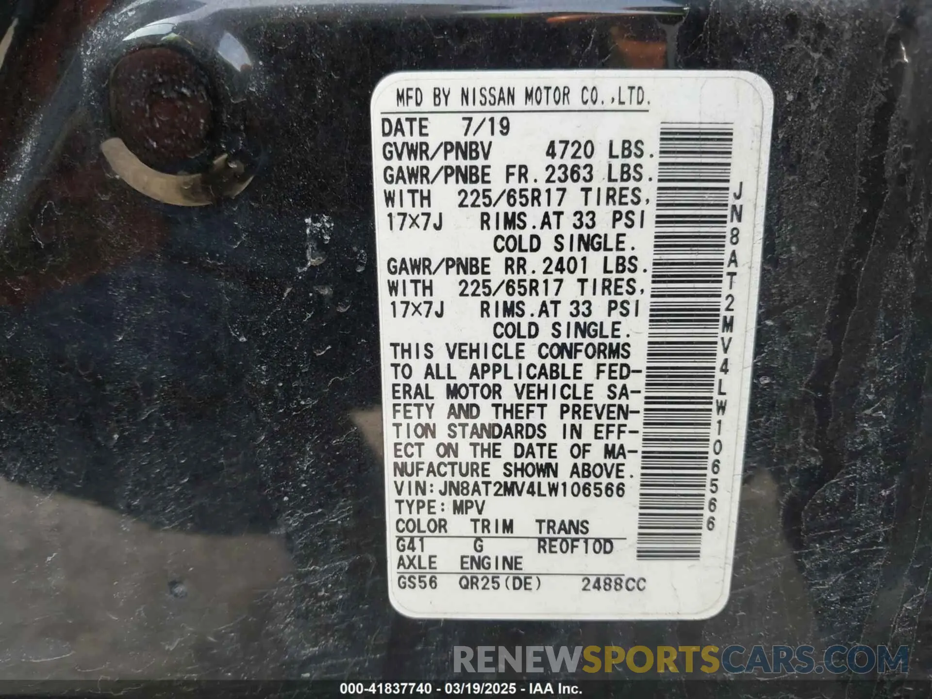 9 fotografías del automóvil dañado JN8AT2MV4LW106566 NISSAN ROGUE 2020
