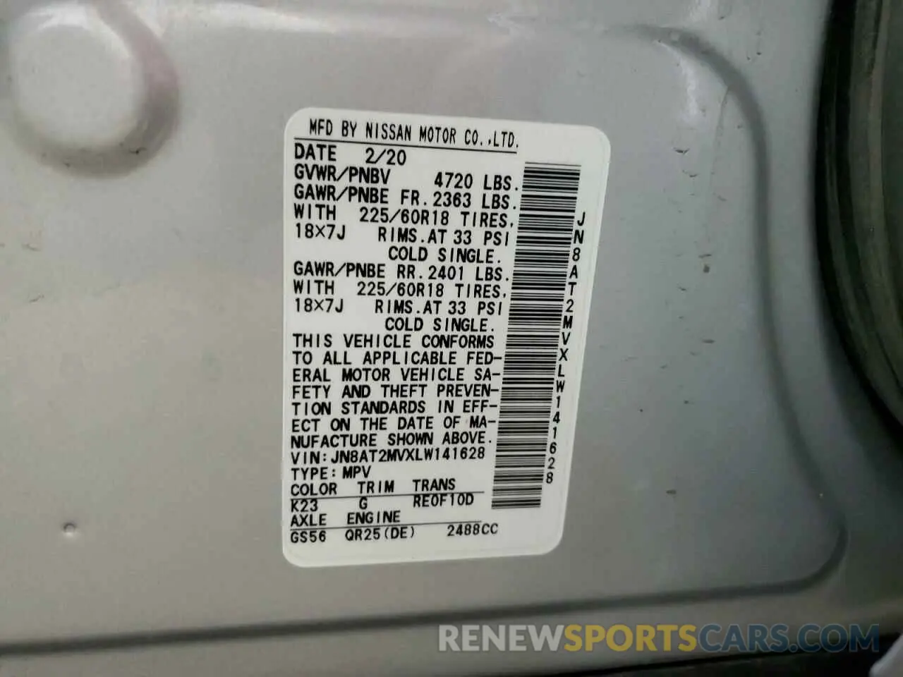 14 fotografías del automóvil dañado JN8AT2MVXLW141628 NISSAN ROGUE 2020