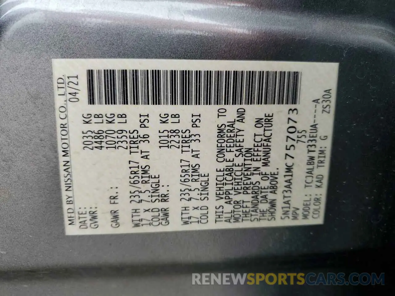 14 fotografías del automóvil dañado 5N1AT3AA1MC757073 NISSAN ROGUE 2021