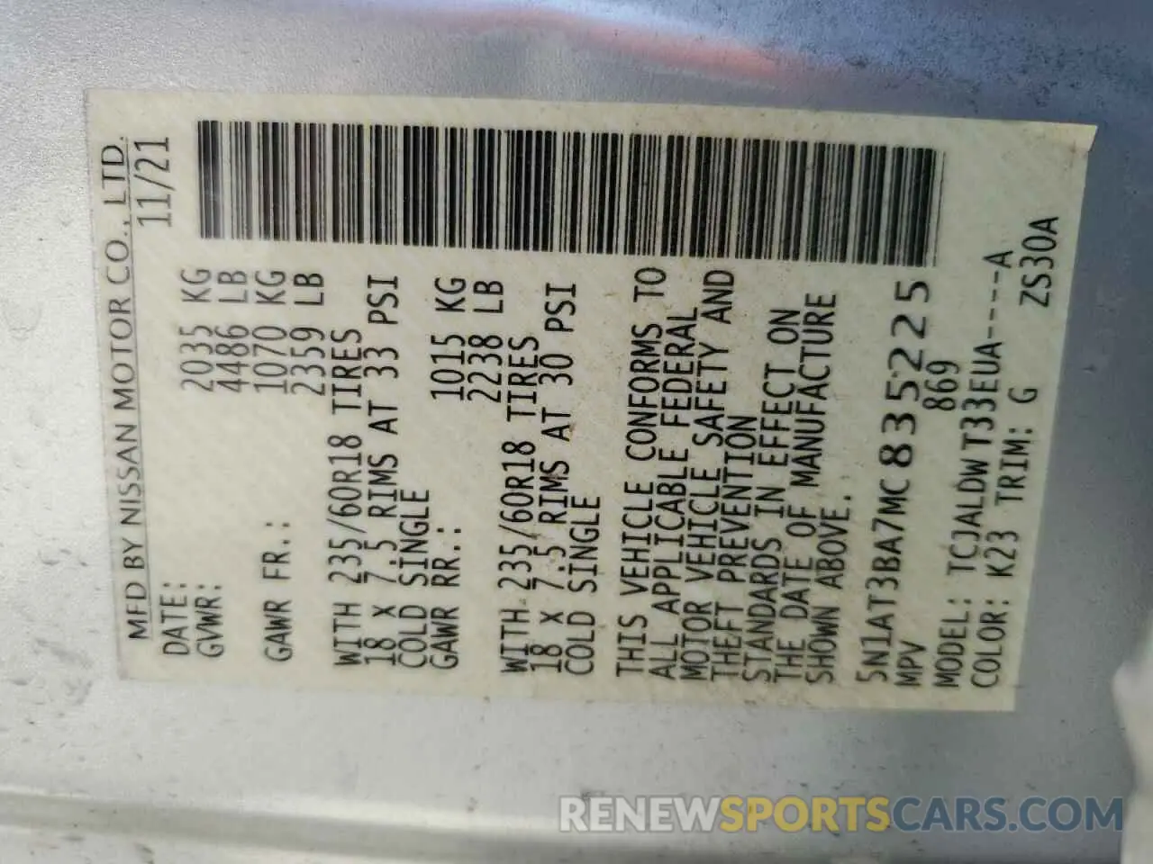 14 fotografías del automóvil dañado 5N1AT3BA7MC835225 NISSAN ROGUE 2021