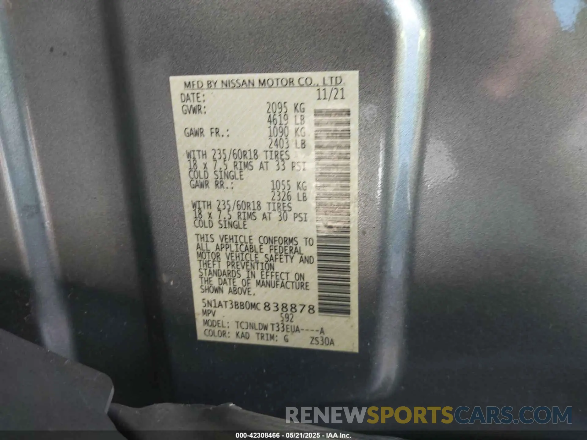9 fotografías del automóvil dañado 5N1AT3BB0MC838878 NISSAN ROGUE 2021