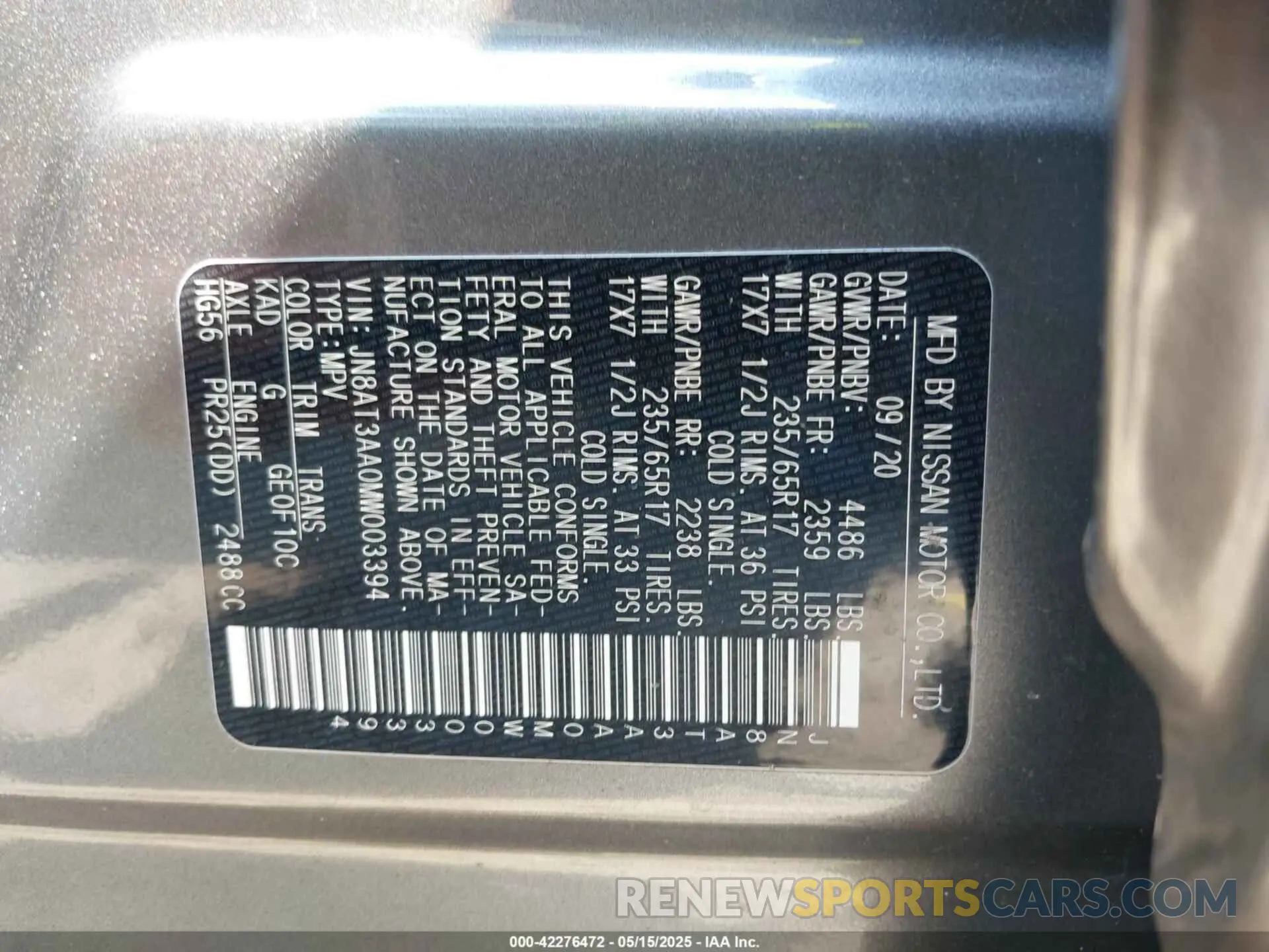 9 fotografías del automóvil dañado JN8AT3AA0MW003394 NISSAN ROGUE 2021