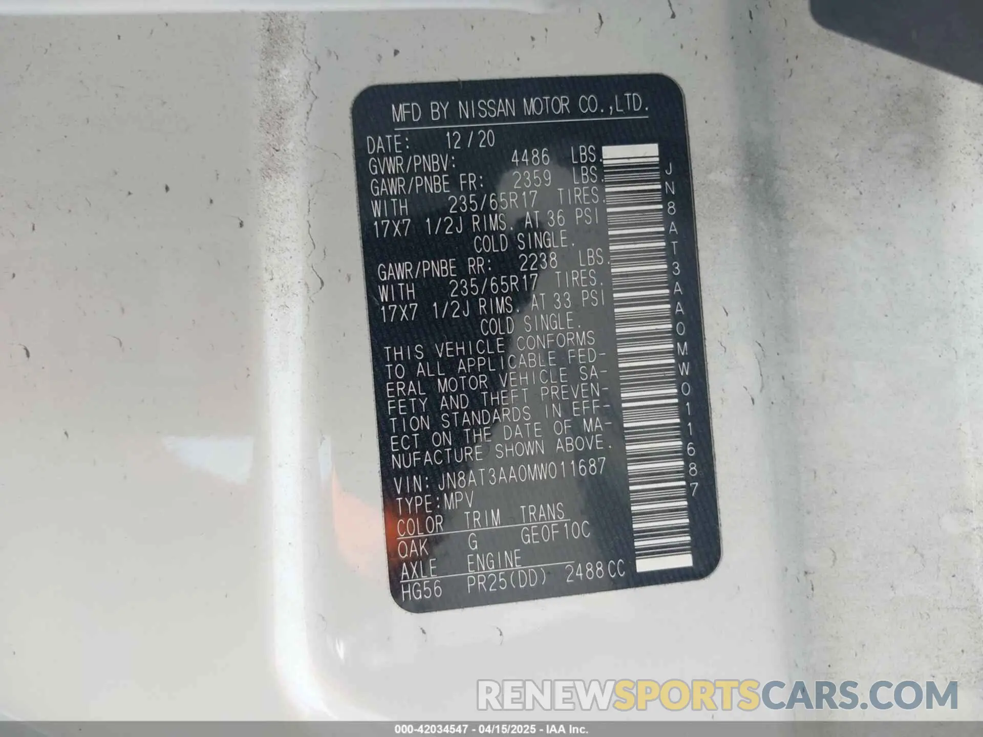 9 fotografías del automóvil dañado JN8AT3AA0MW011687 NISSAN ROGUE 2021