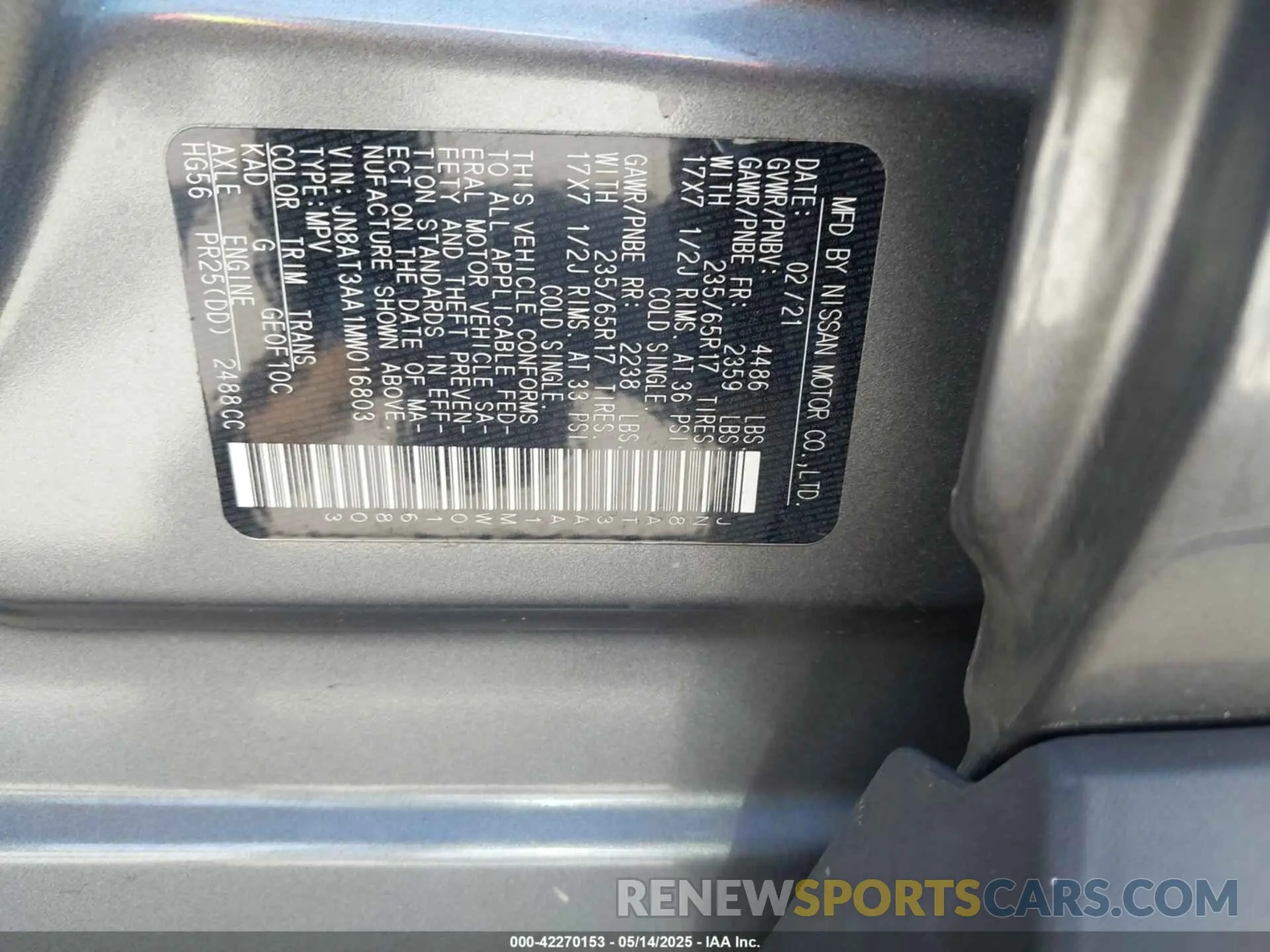 9 fotografías del automóvil dañado JN8AT3AA1MW016803 NISSAN ROGUE 2021