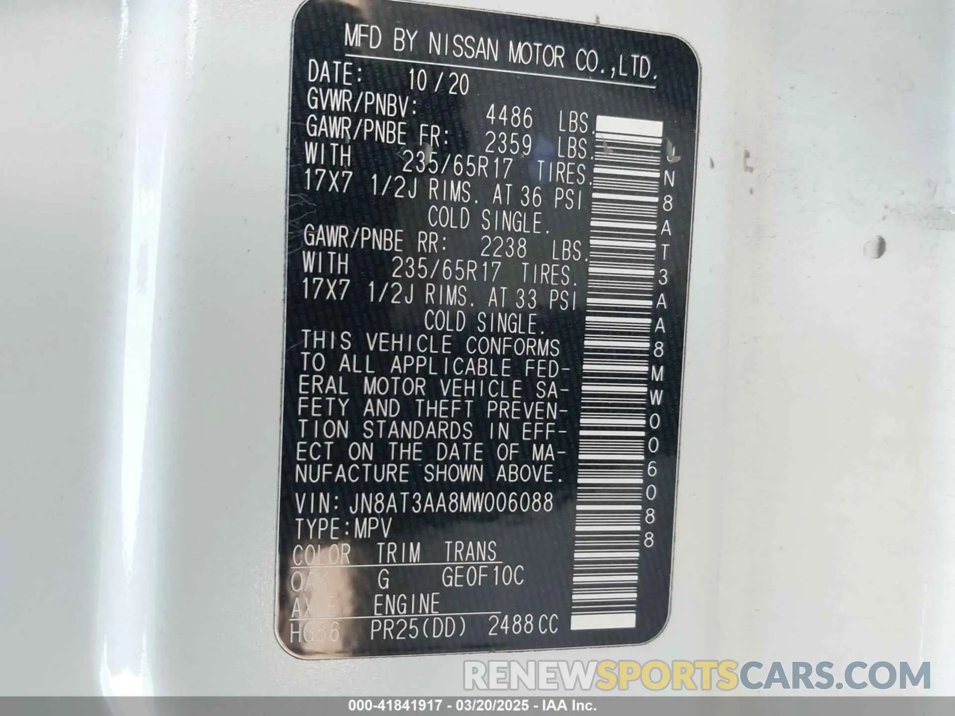 9 fotografías del automóvil dañado JN8AT3AA8MW006088 NISSAN ROGUE 2021