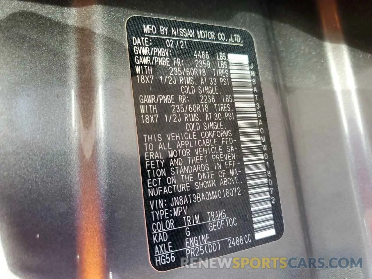 13 fotografías del automóvil dañado JN8AT3BA0MW018072 NISSAN ROGUE 2021