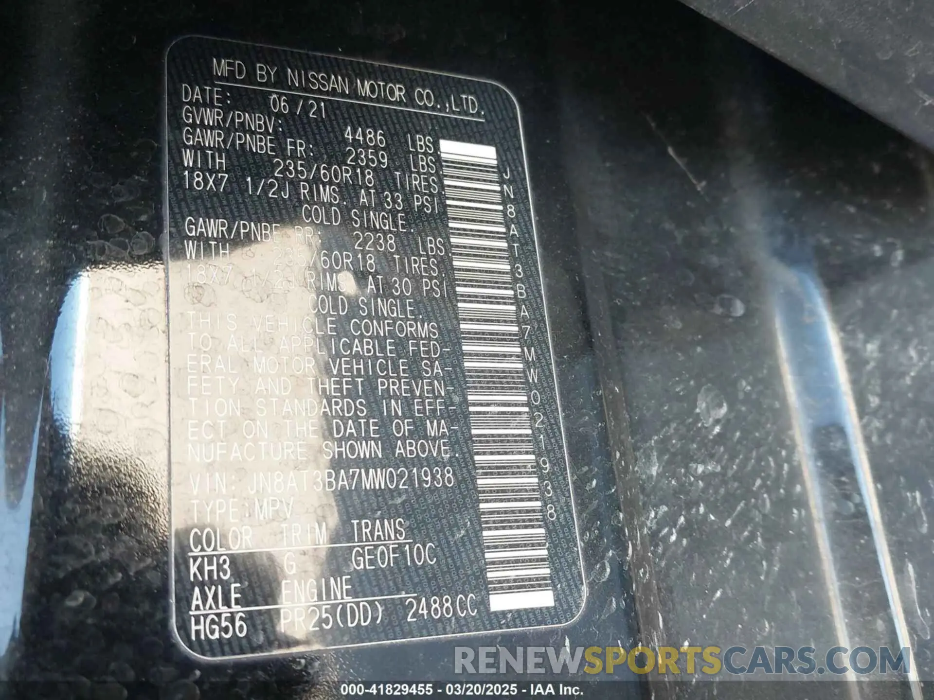 9 fotografías del automóvil dañado JN8AT3BA7MW021938 NISSAN ROGUE 2021