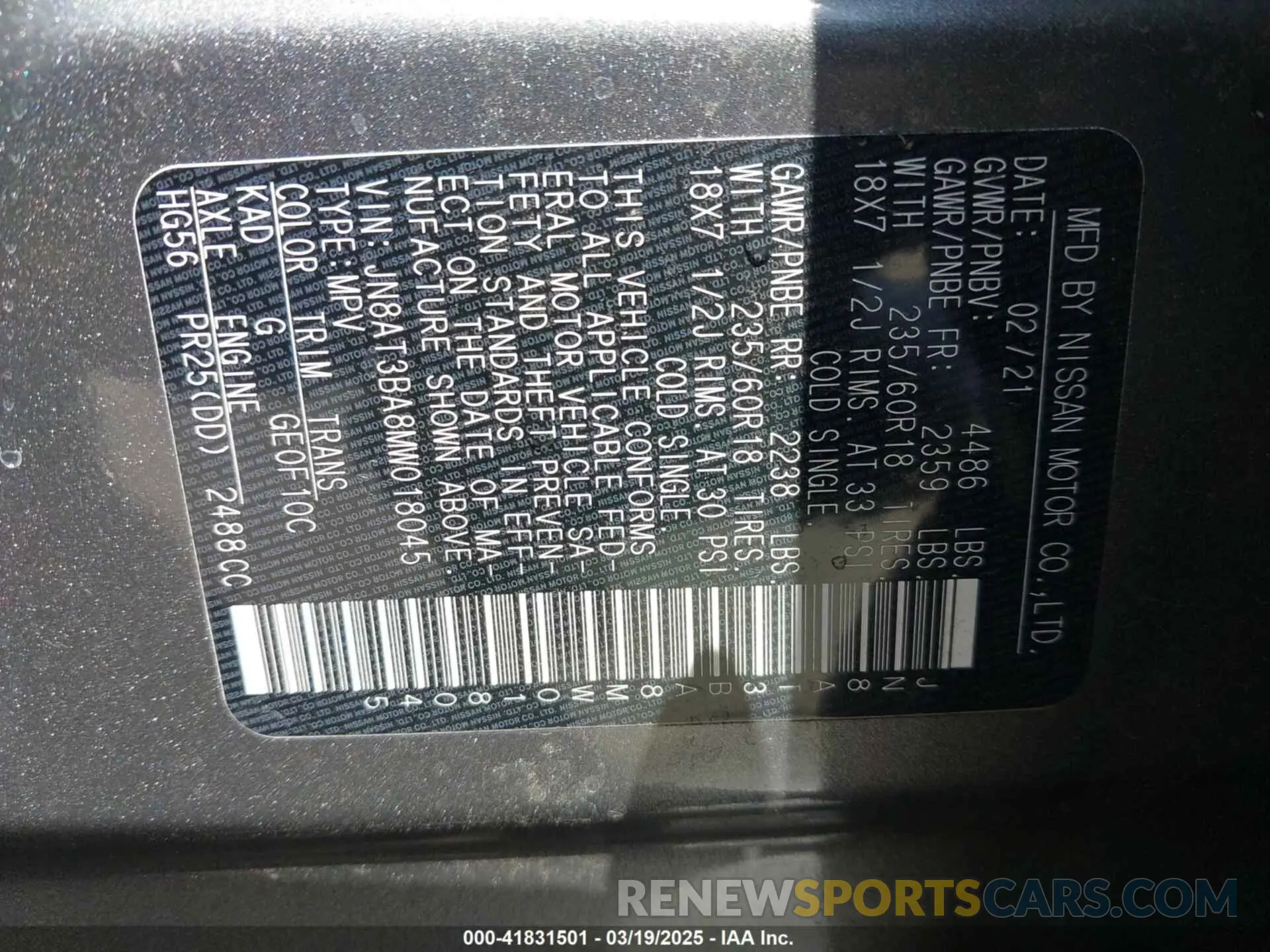 9 fotografías del automóvil dañado JN8AT3BA8MW018045 NISSAN ROGUE 2021
