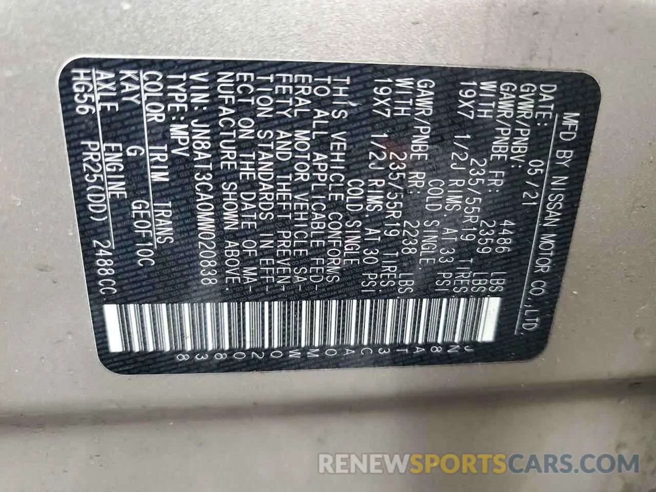 13 fotografías del automóvil dañado JN8AT3CA0MW020838 NISSAN ROGUE 2021