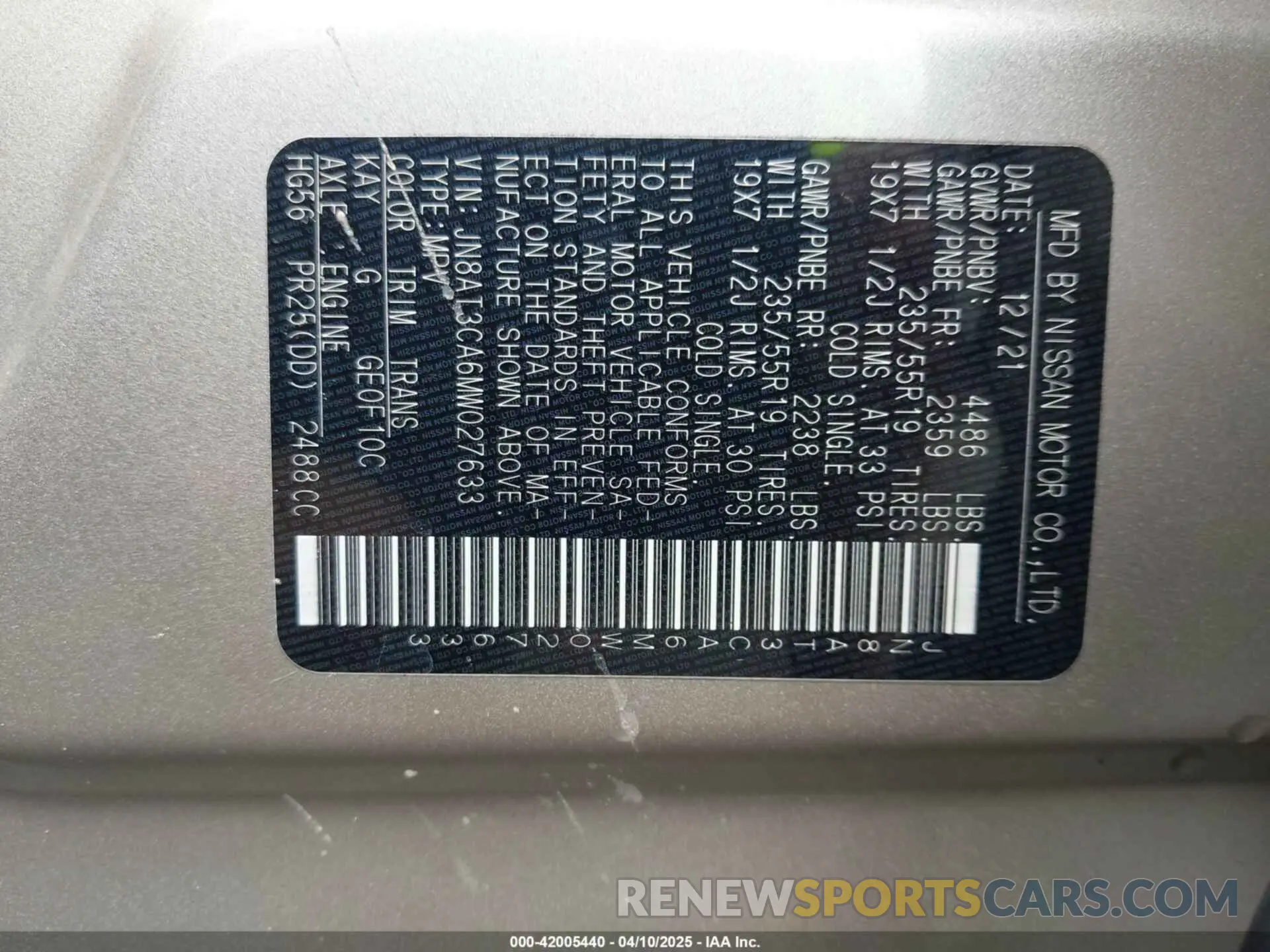 9 fotografías del automóvil dañado JN8AT3CA6MW027633 NISSAN ROGUE 2021