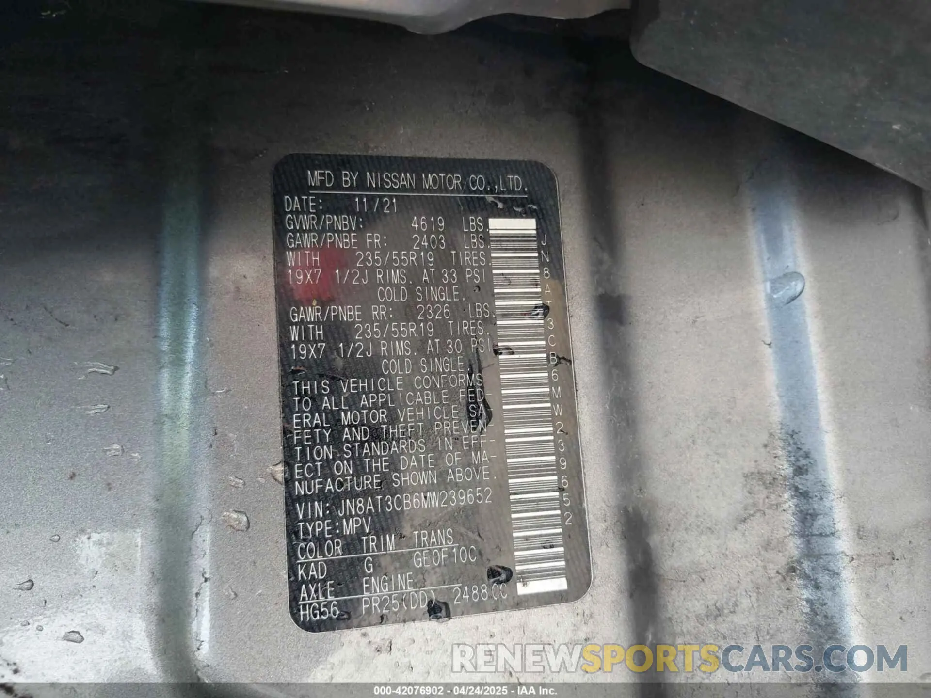 9 fotografías del automóvil dañado JN8AT3CB6MW239652 NISSAN ROGUE 2021