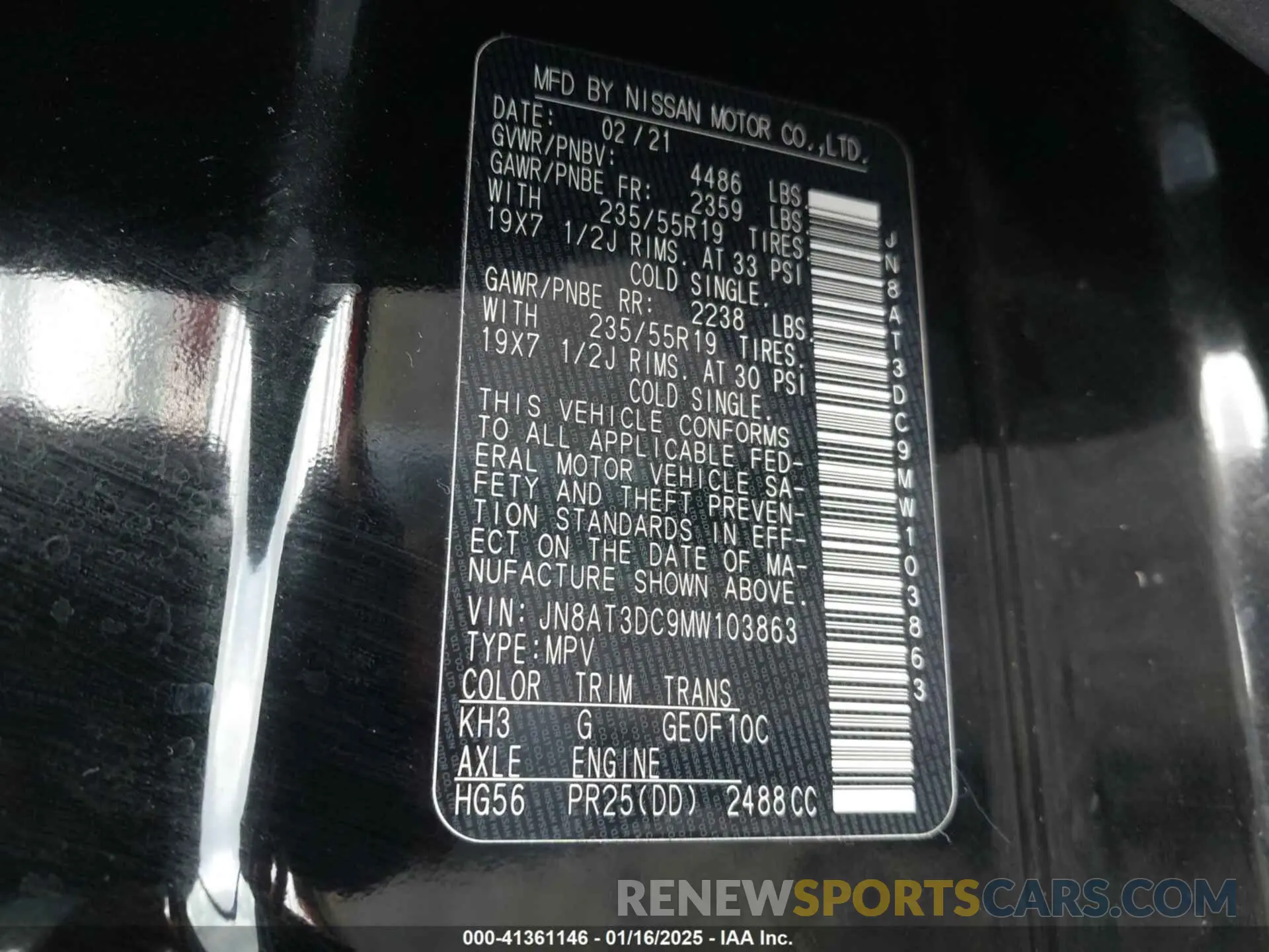 9 fotografías del automóvil dañado JN8AT3DC9MW103863 NISSAN ROGUE 2021