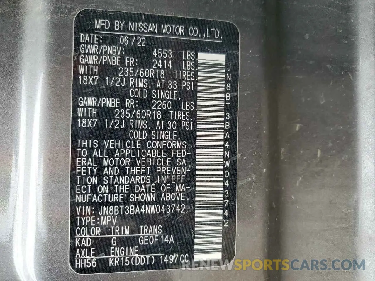 12 fotografías del automóvil dañado JN8BT3BA4NW043742 NISSAN ROGUE 2022