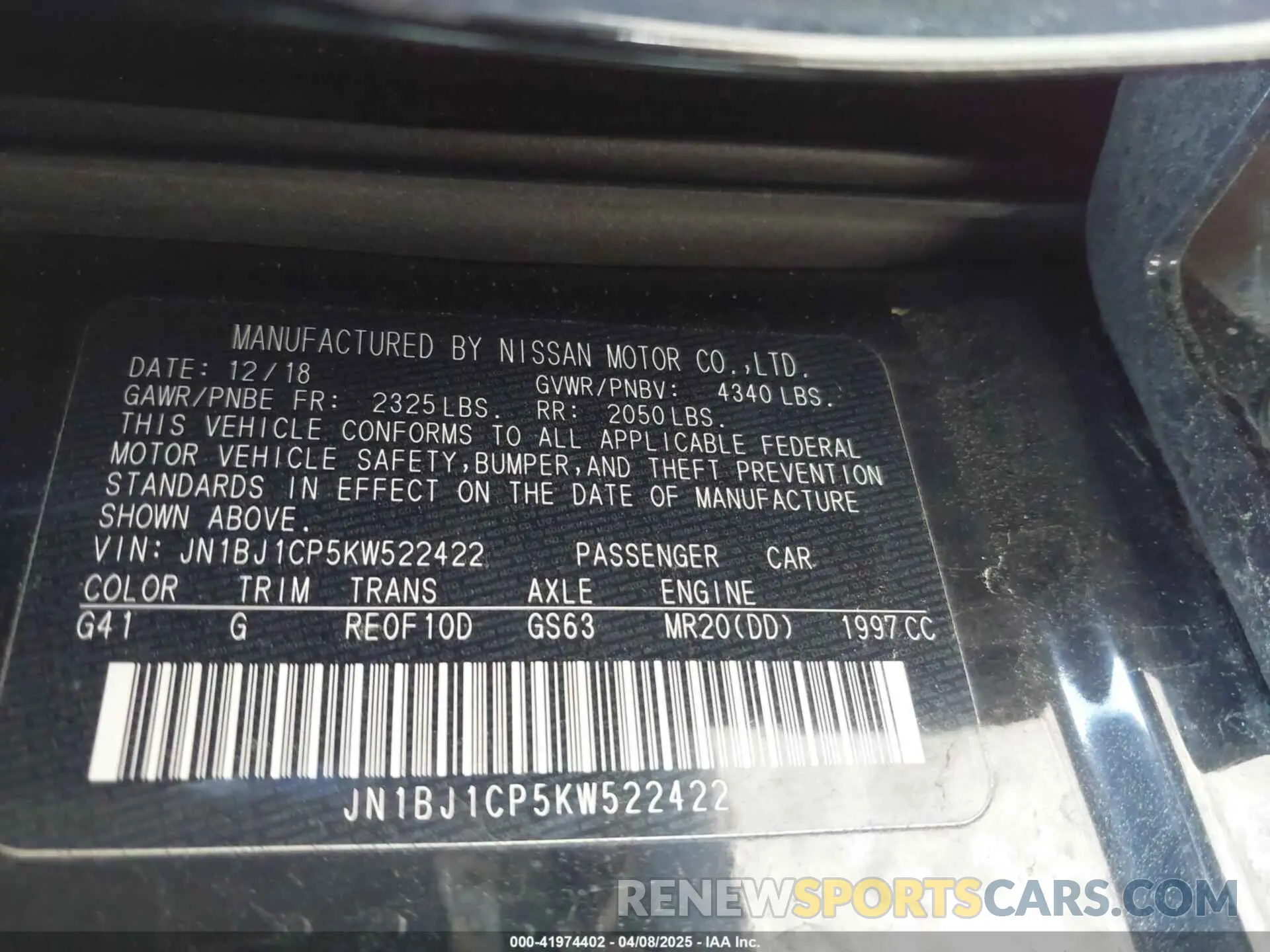 9 fotografías del automóvil dañado JN1BJ1CP5KW522422 NISSAN ROGUE SPORT 2019